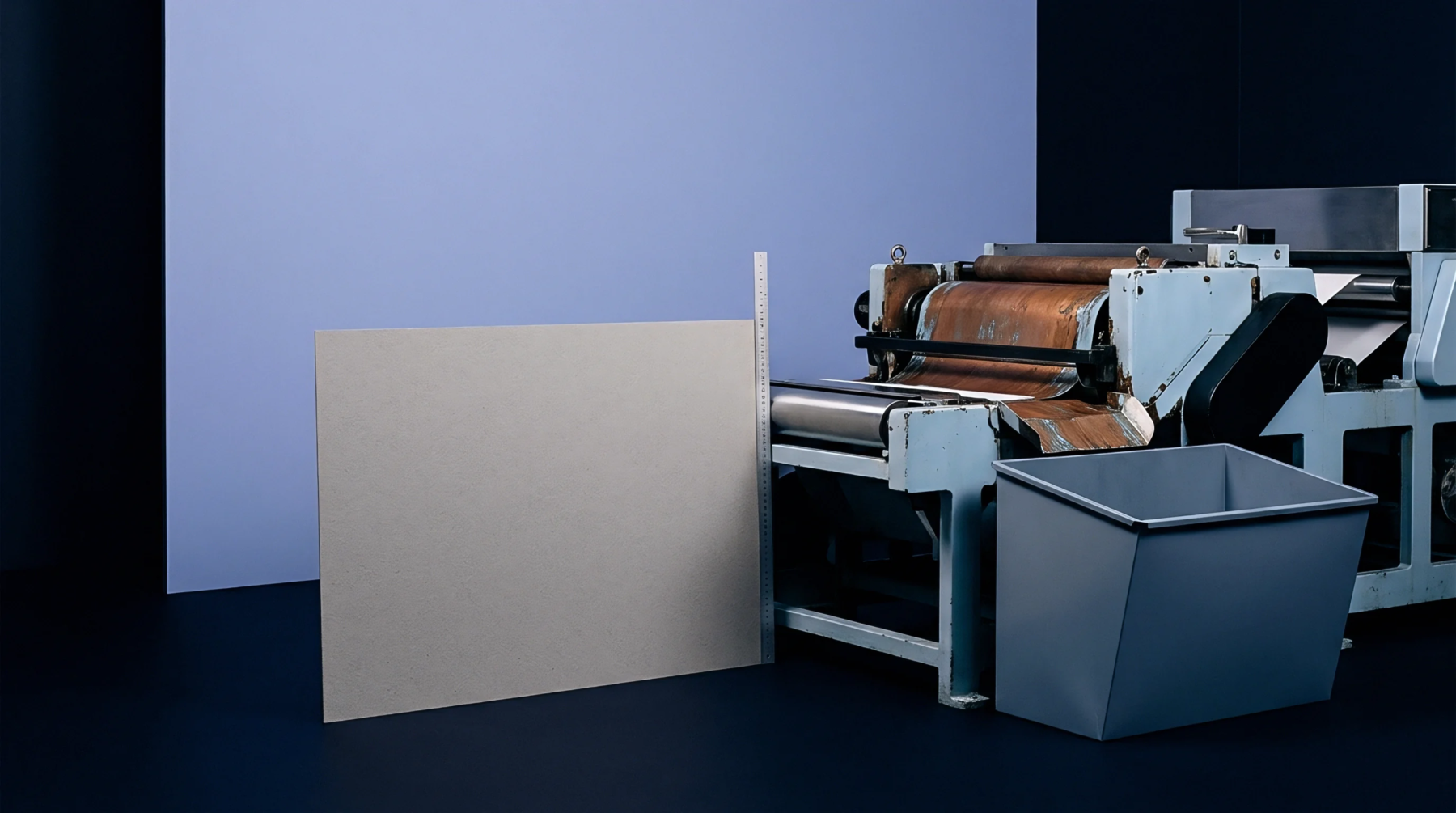 A grey paperboard sheet stands beside a metal ruler next to an industrial pilot scale roller coating machine and a grey waste bin.