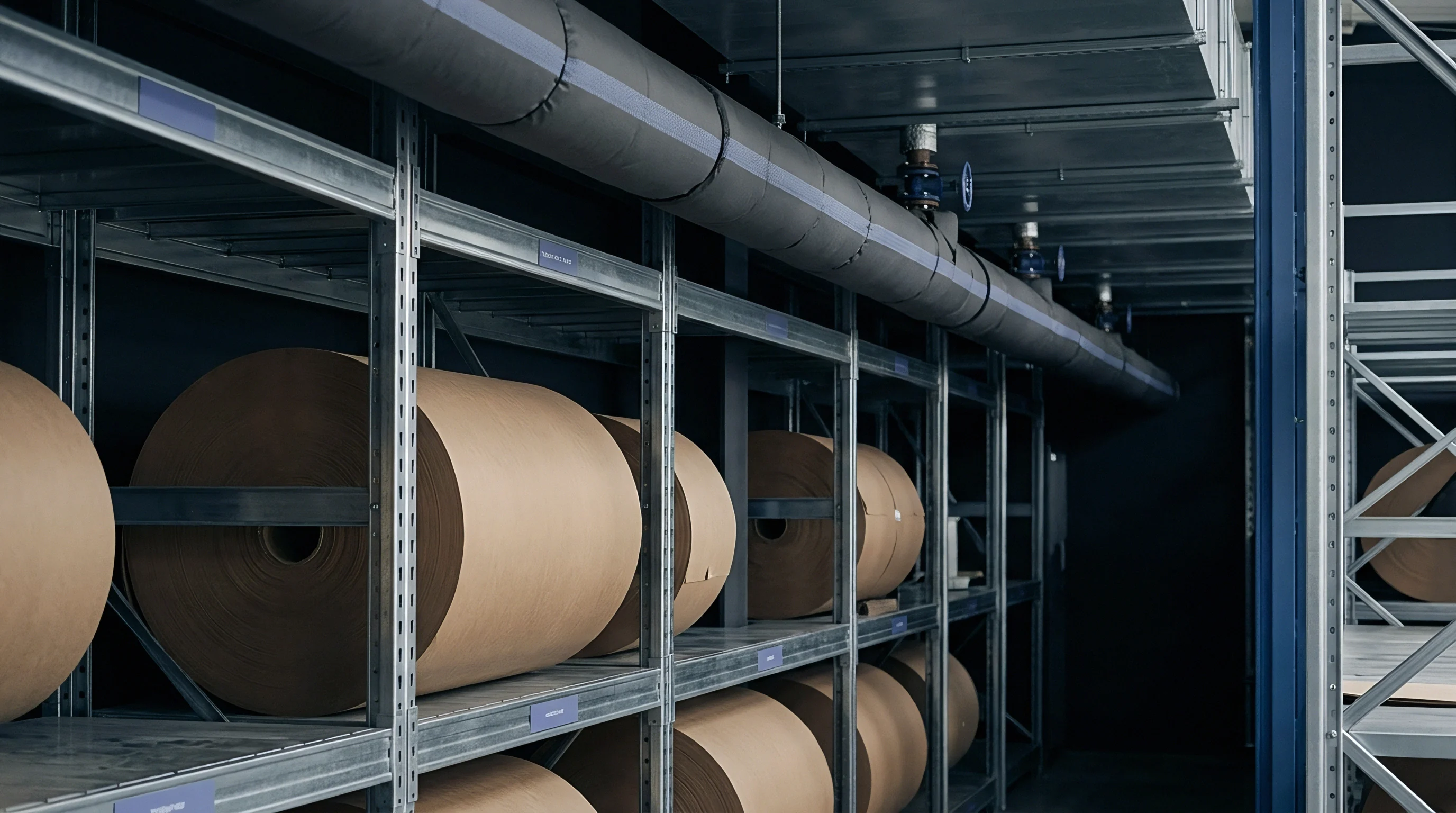Large brown paperboard rolls lie horizontally on multi-tiered steel racking units beneath insulated utility pipes inside a dark industrial facility.