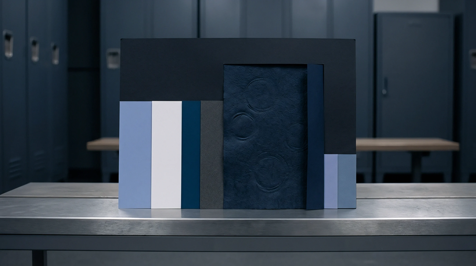 A composite construction of layered paperboard swatches in monochromatic tones rests on a metal bench within an institutional changing room setting.