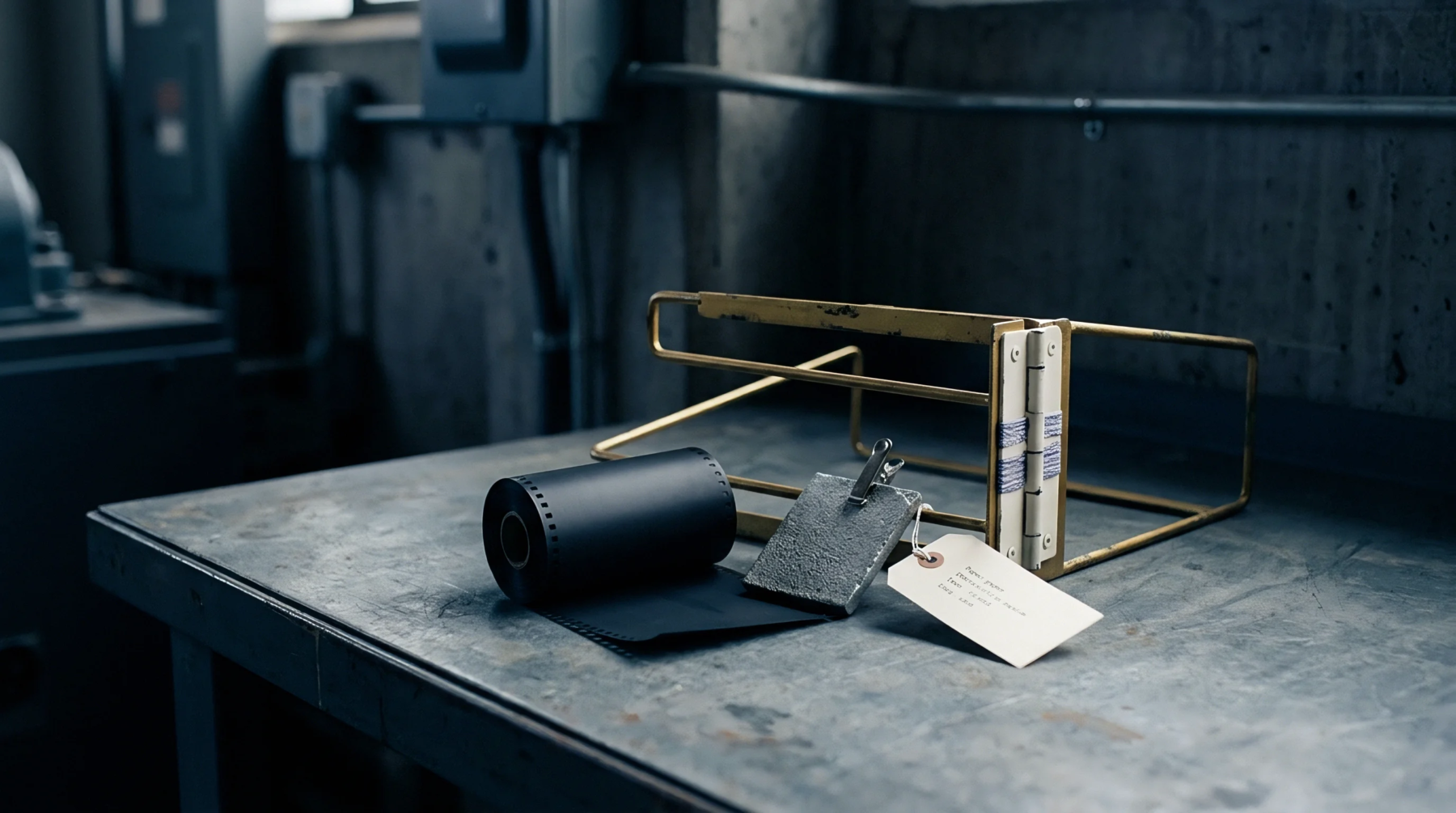 A partially unrolled spool of dark perforated film stock, a metal sample clip, and a paper identification tag lie on a worn industrial workbench.