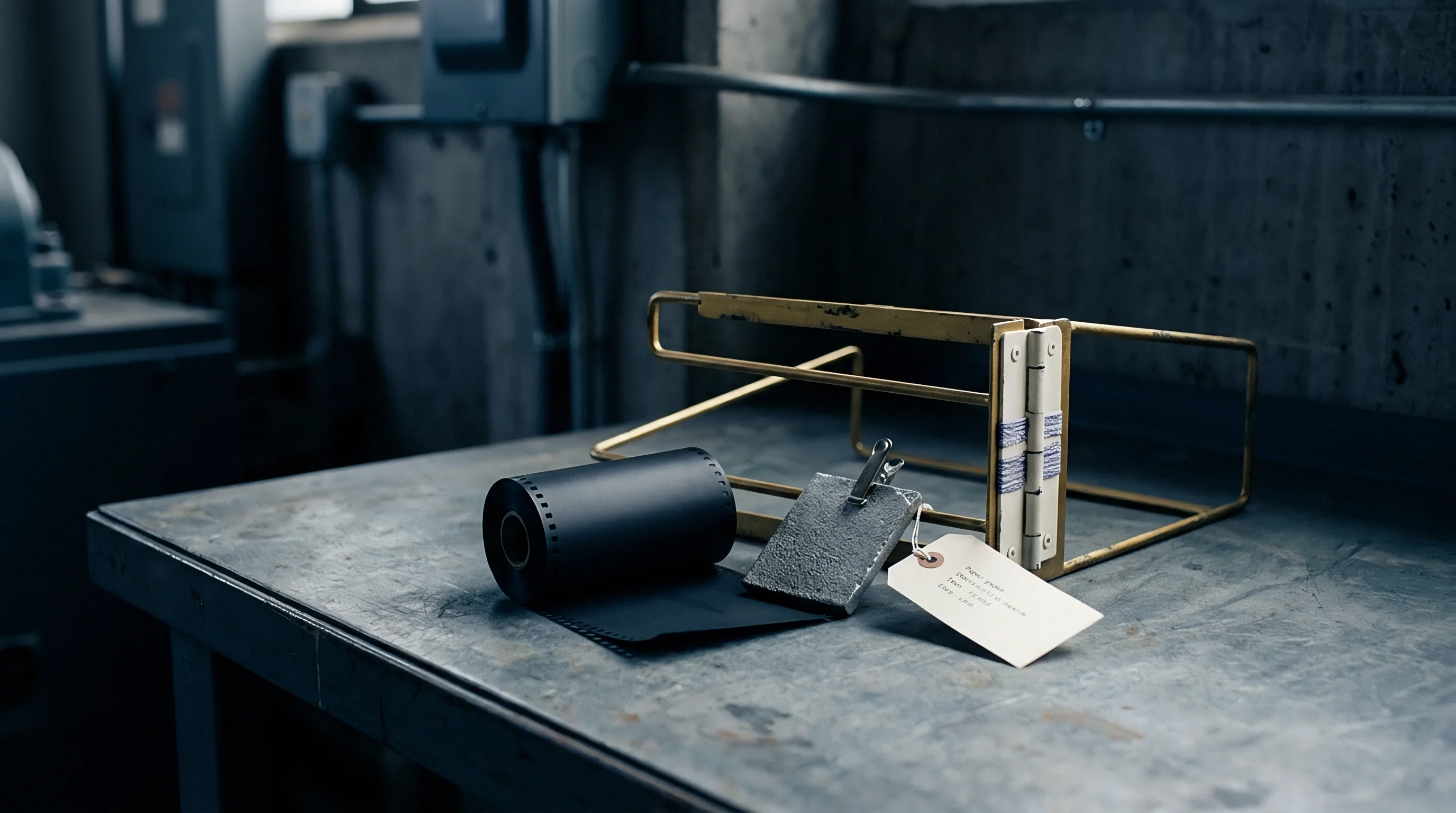 A partially unrolled spool of dark perforated film stock, a metal sample clip, and a paper identification tag lie on a worn industrial workbench.