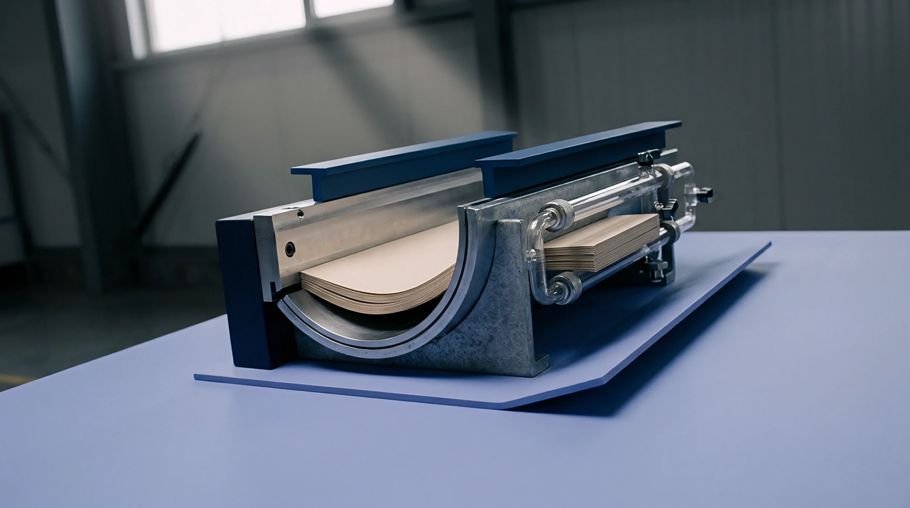 Multiple sheets of heavy paper rest inside an arcuate metal guide of a laboratory testing device resting on a surface.