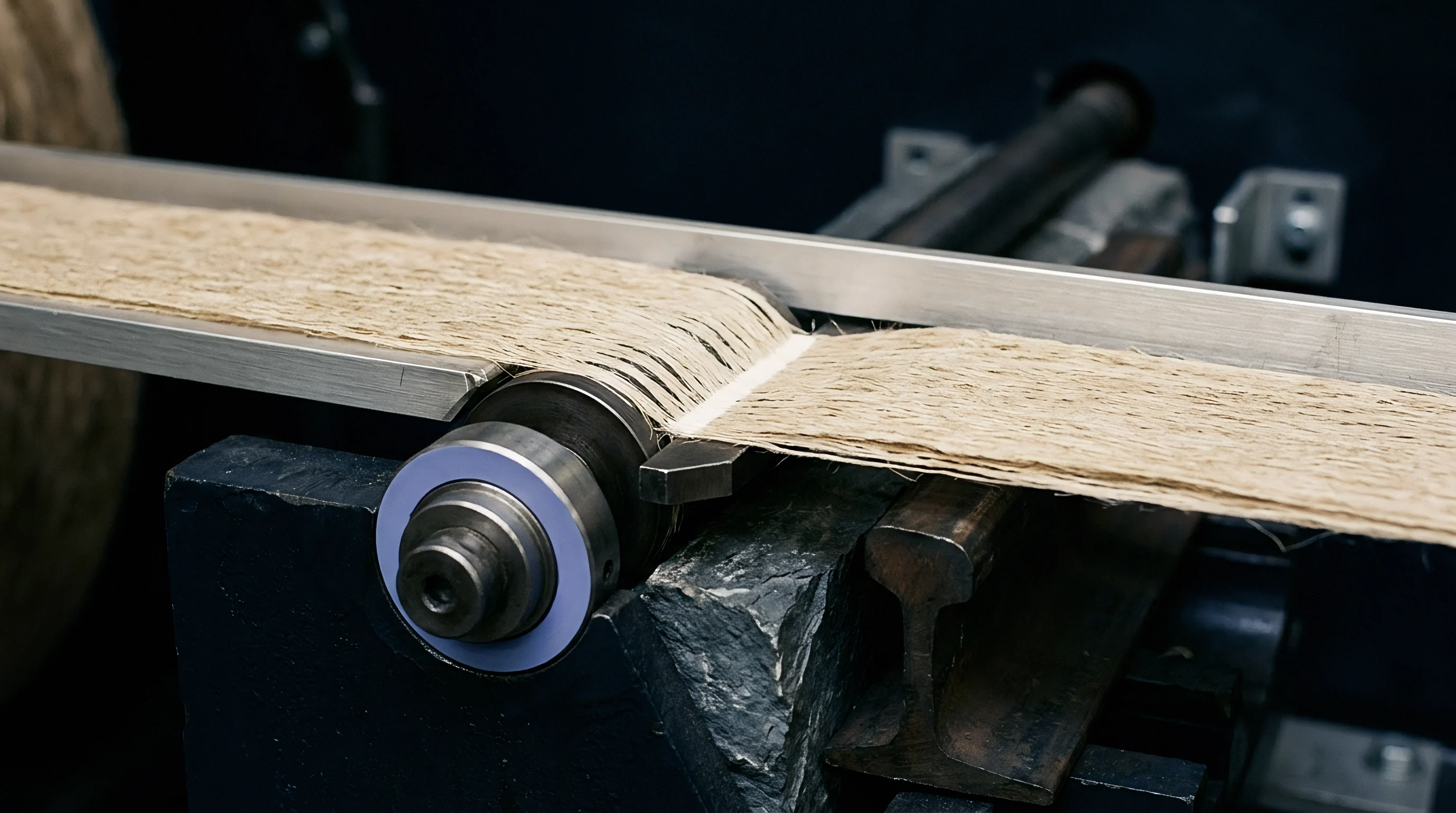 A continuous band of coarse fibrous plant substrate runs through a metal guide channel over a steel roller and cutter head.