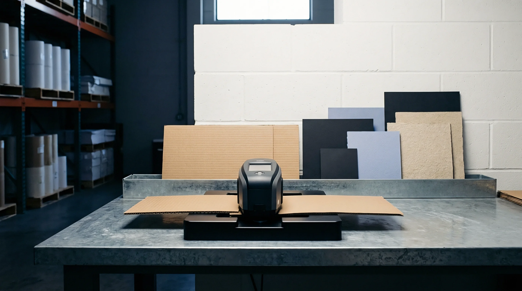 A handheld electronic testing device rests on corrugated board upon a metal workbench inside a material evaluation facility with stacked substrate samples.