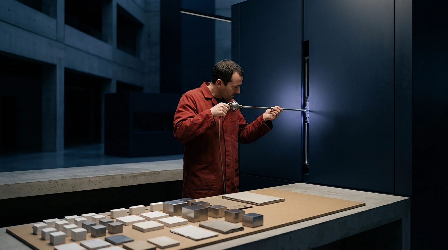 A technician in a protective coat tests material samples with a diagnostic tool inside a dark industrial facility featuring geometric stock prototypes on a workbench.
