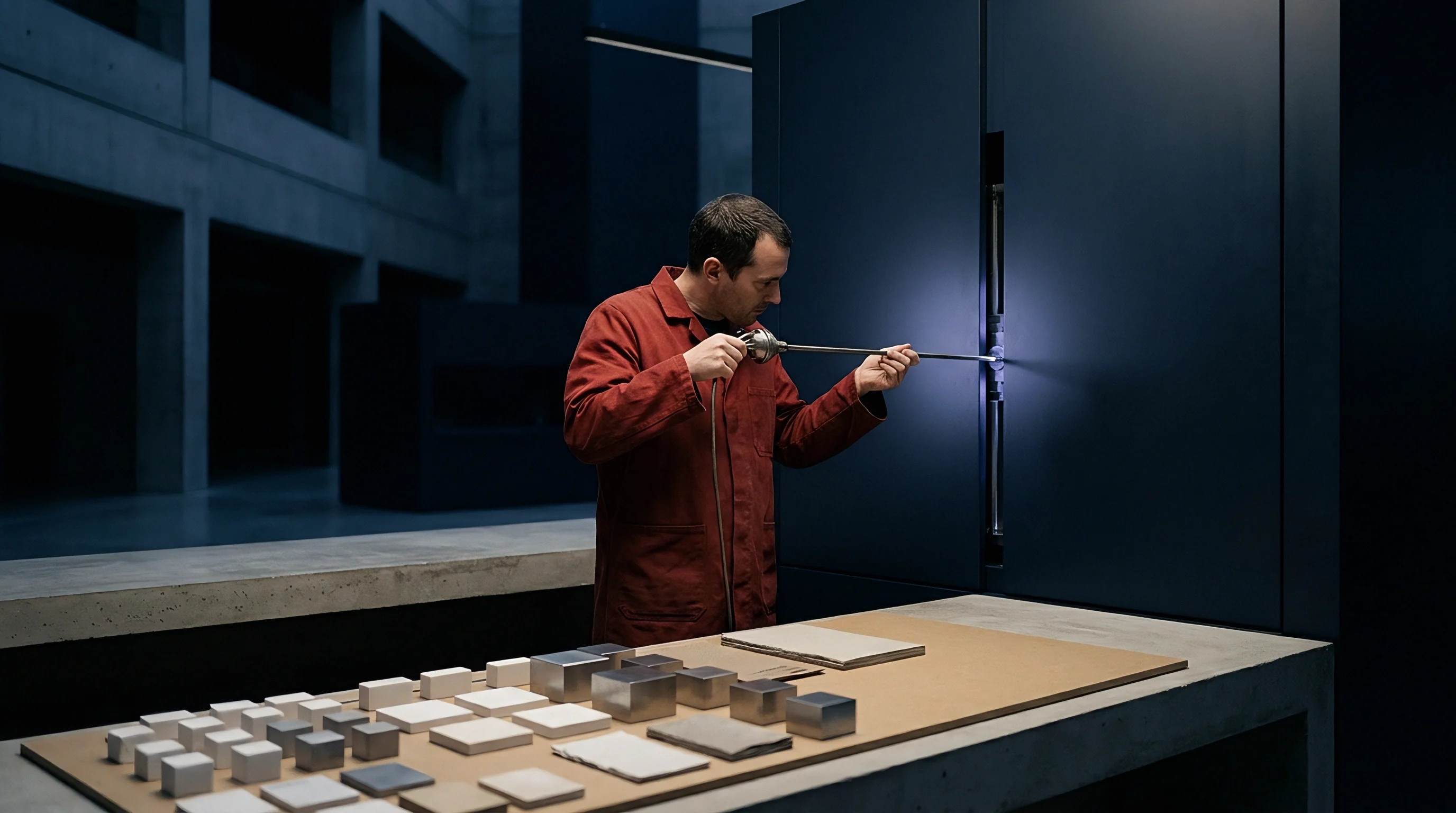 A technician in a protective coat tests material samples with a diagnostic tool inside a dark industrial facility featuring geometric stock prototypes on a workbench.