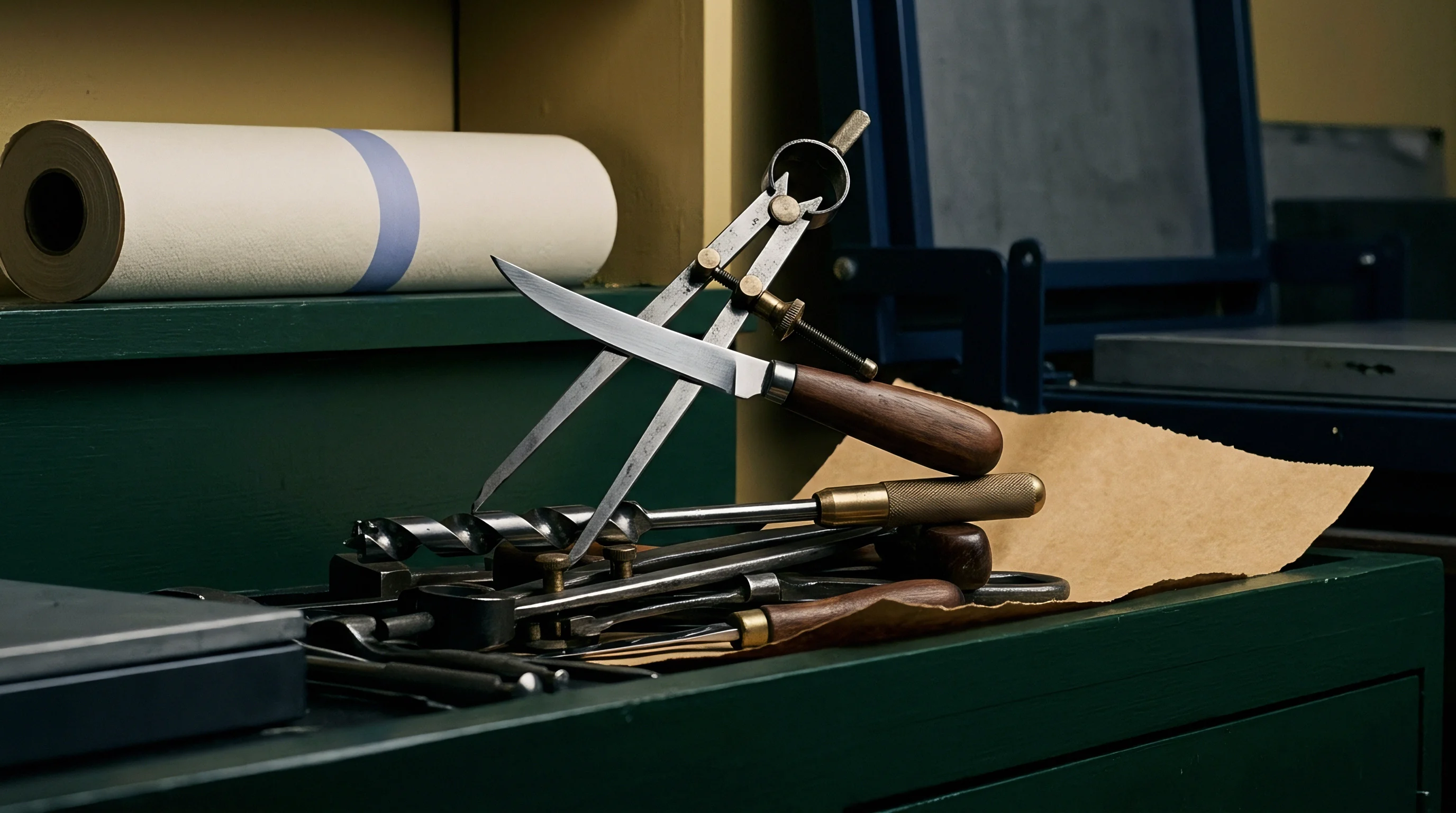 Precision bindery hand tools and a substrate roll rest upon a green production workbench inside a printing workshop.