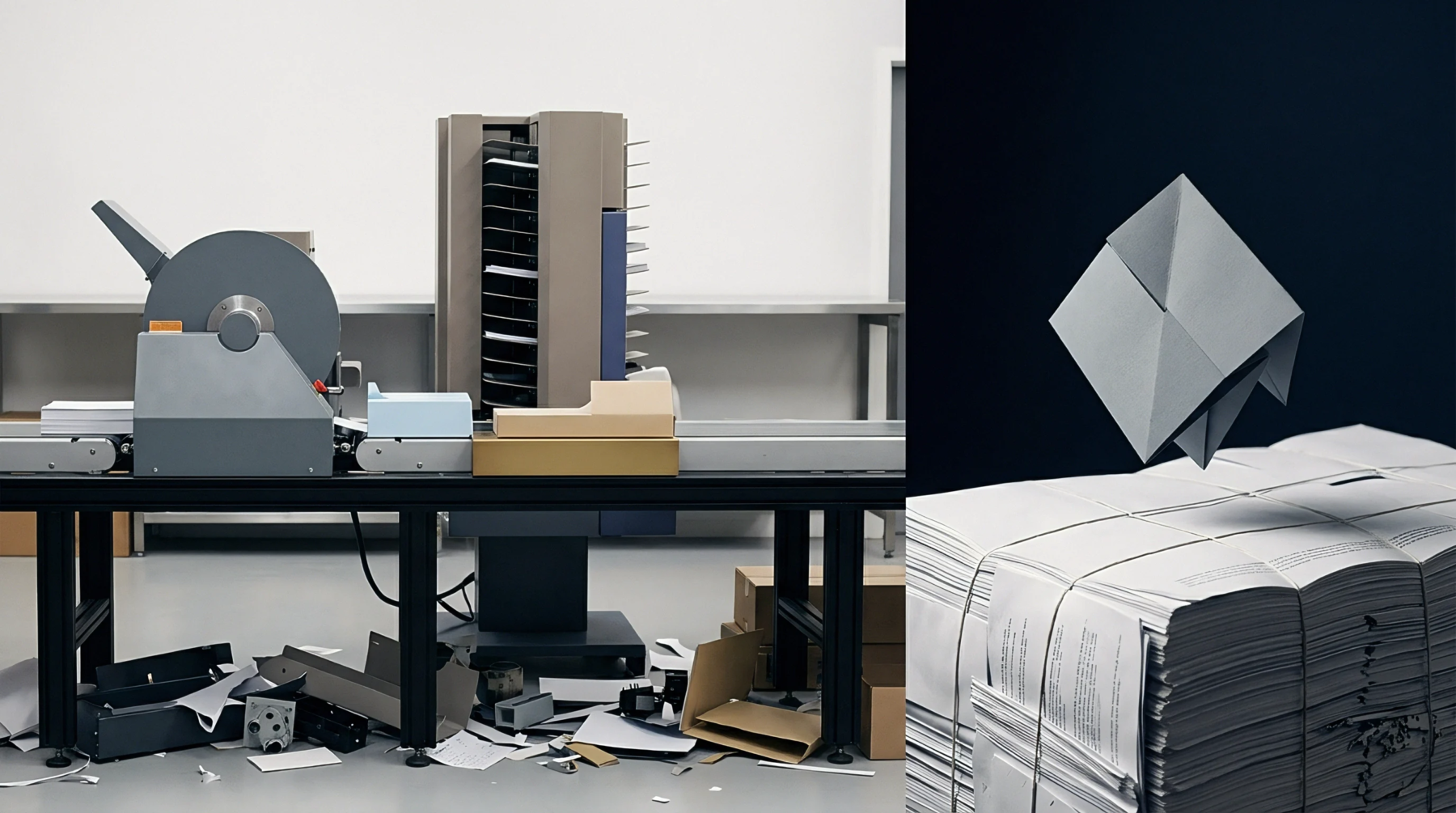 A digital illustration depicts industrial binding machinery alongside a stack of printed sheets and an abstract paper form.