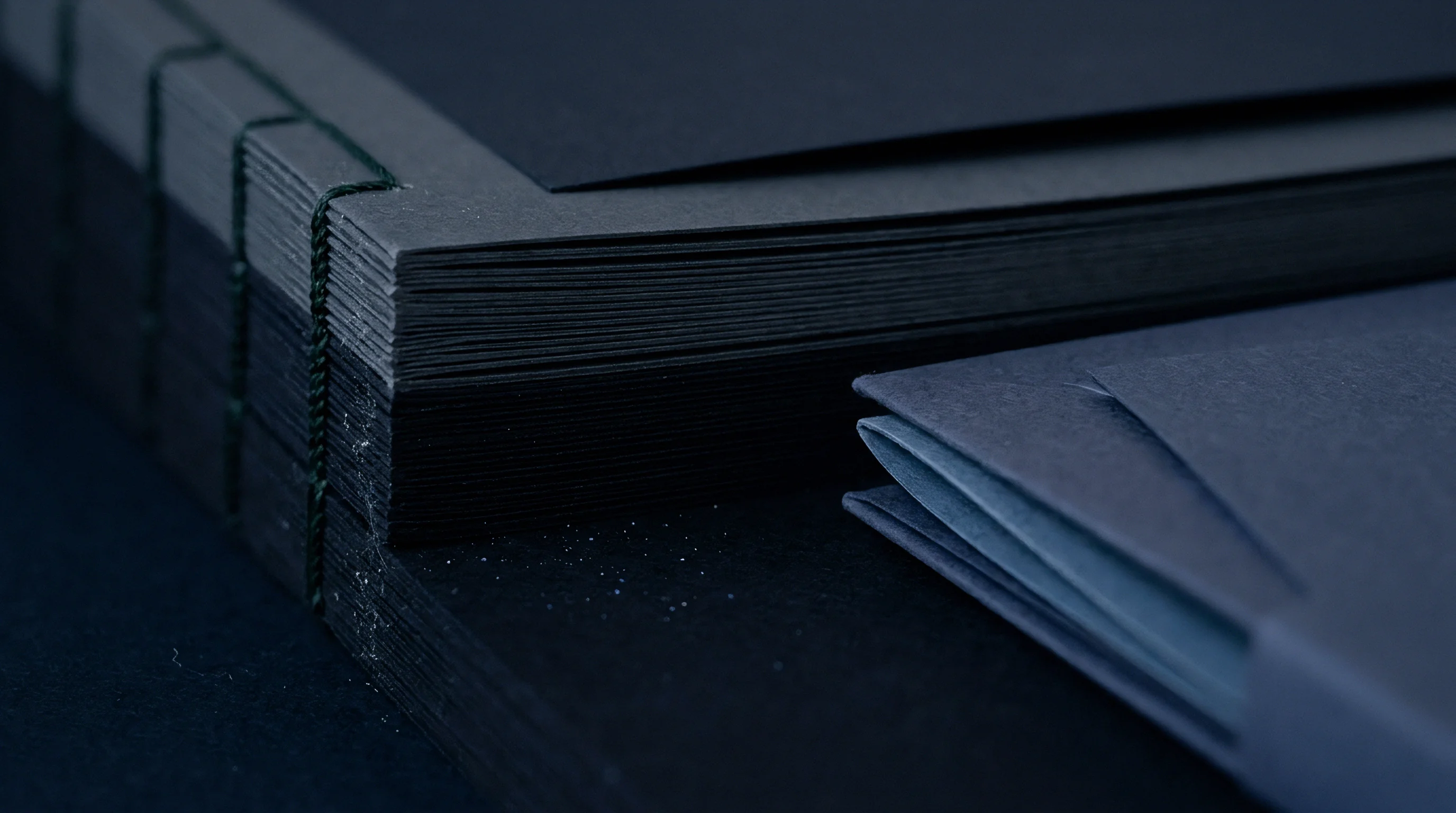 Precise stacks of dark black paper sheets, joined by visible stitching, are displayed next to folded dark blue paper stock.