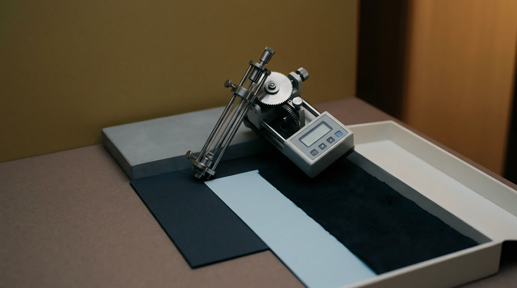 A mechanical drawdown applicator with a digital interface rests beside layered paper and polymer substrates on a neutral workbench.