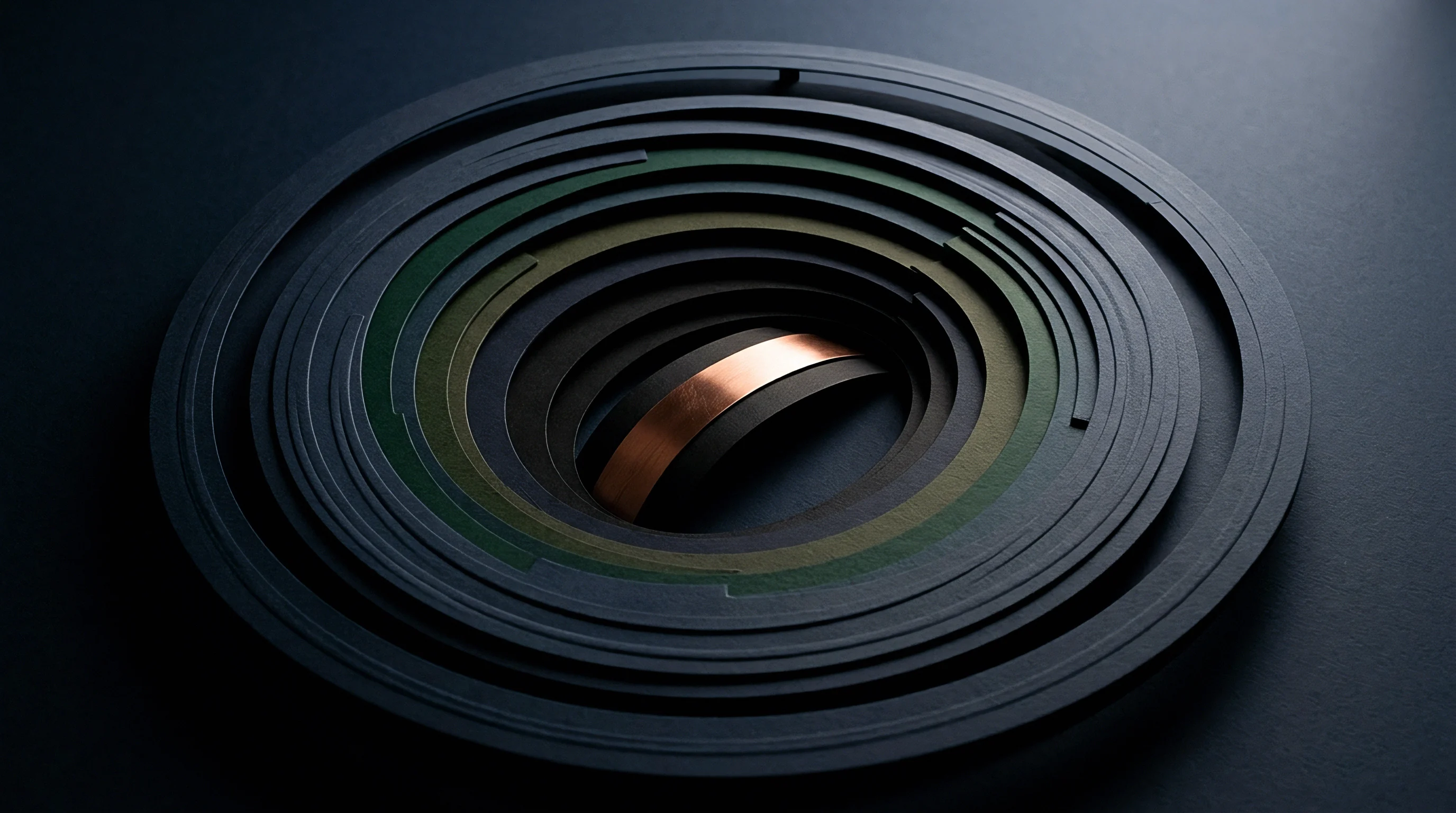 Concentric rings of heavy paper stock in varying dark tones surround a central metallic copper band on a matte surface in this digital graphic.