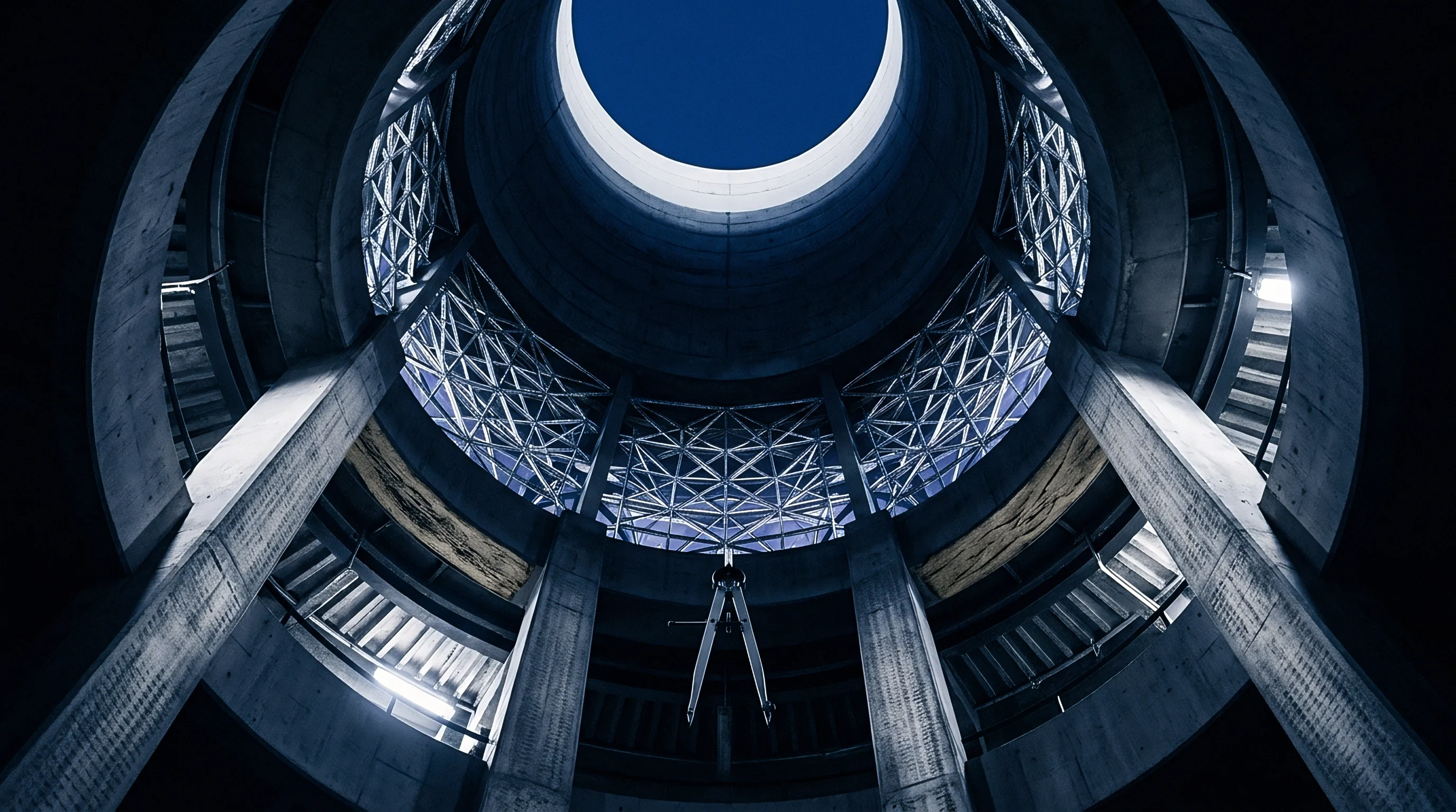A drafting compass hangs centrally within a circular concrete tower featuring steel trusses and a blue circular skylight overhead.