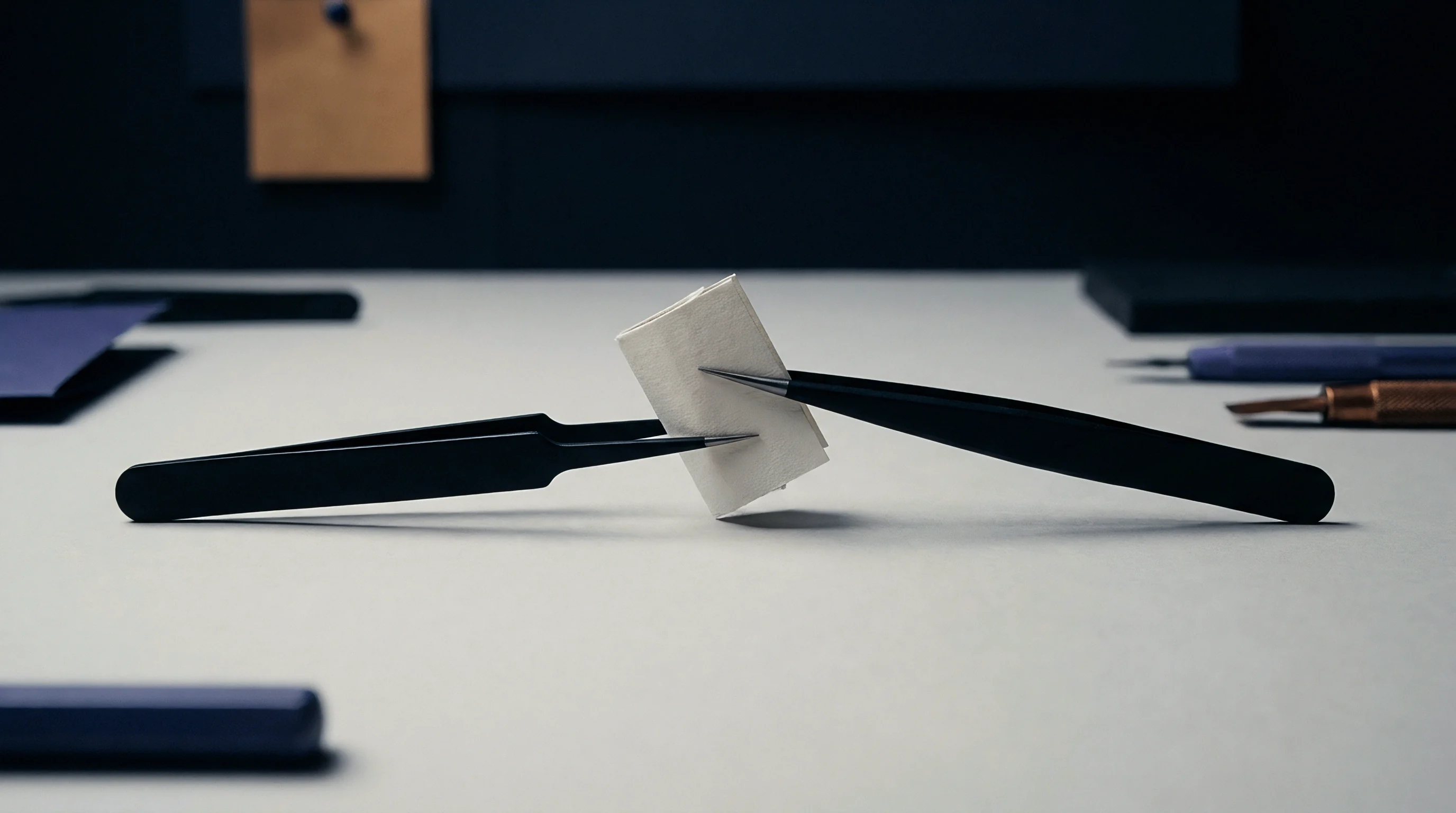Two fine-tipped black tweezers precisely hold a small white fibrous substrate square on a clean, flat surface.