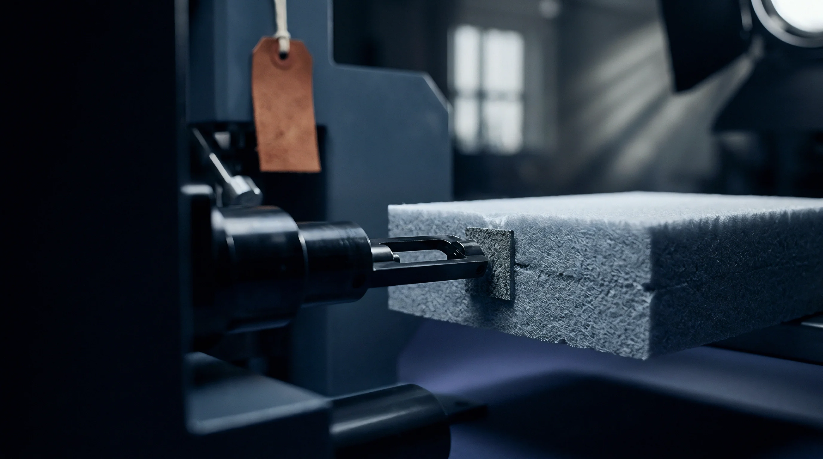 A textured grey fibrous substrate sample is held securely by a mechanical clamp for precision industrial testing.