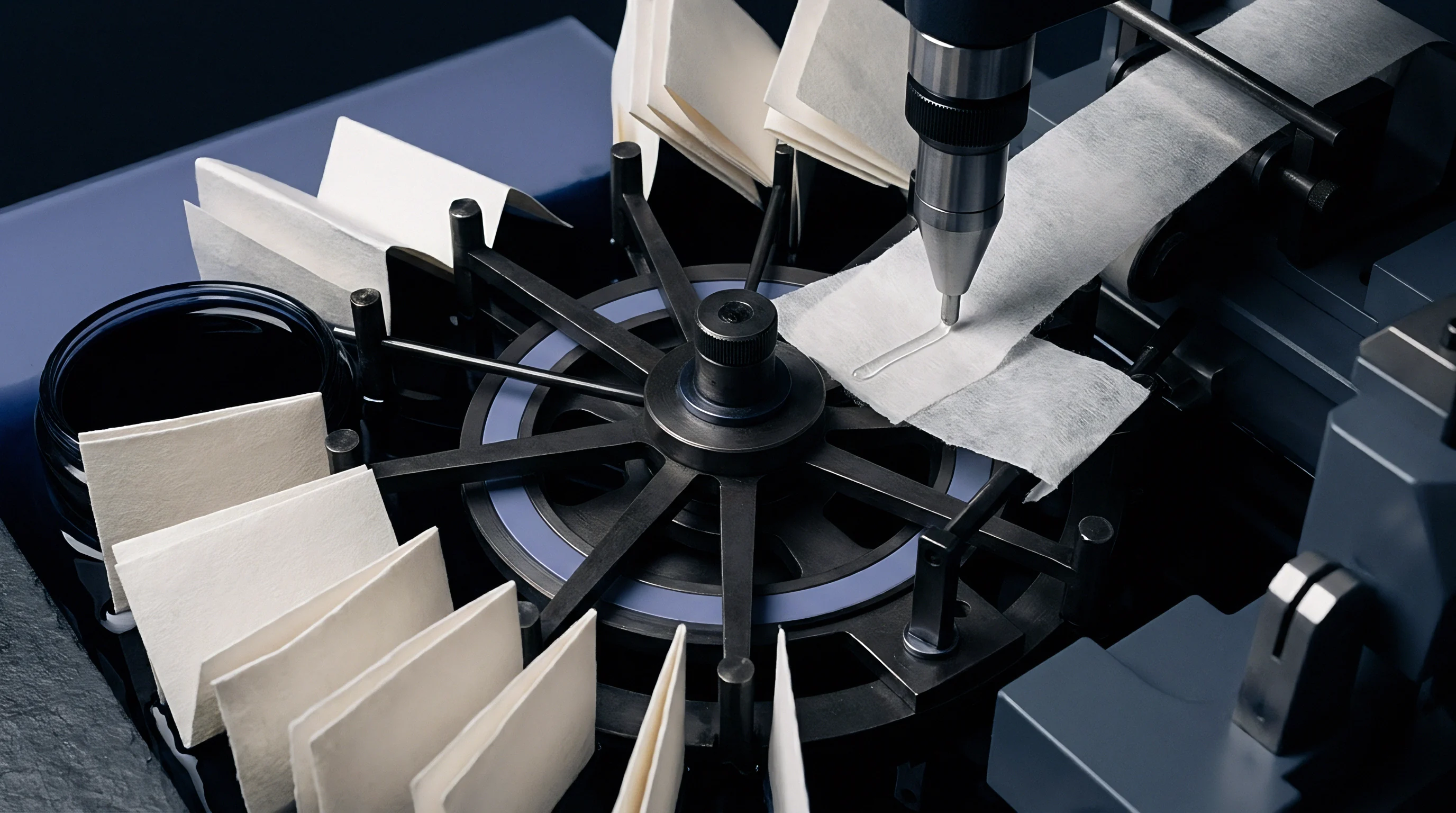 An automated nozzle applies a continuous line of liquid coating onto a paper strip held by a rotary carousel mechanism.