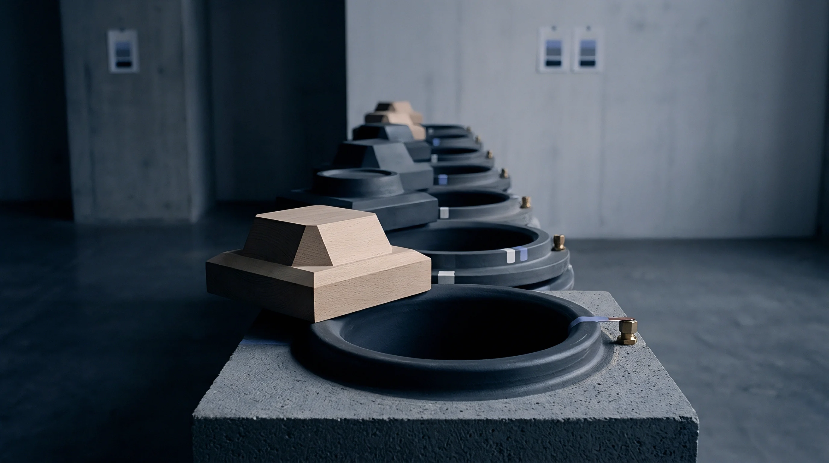 A series of grey composite and wooden test blocks rests on a concrete bench in an industrial quality assurance facility.