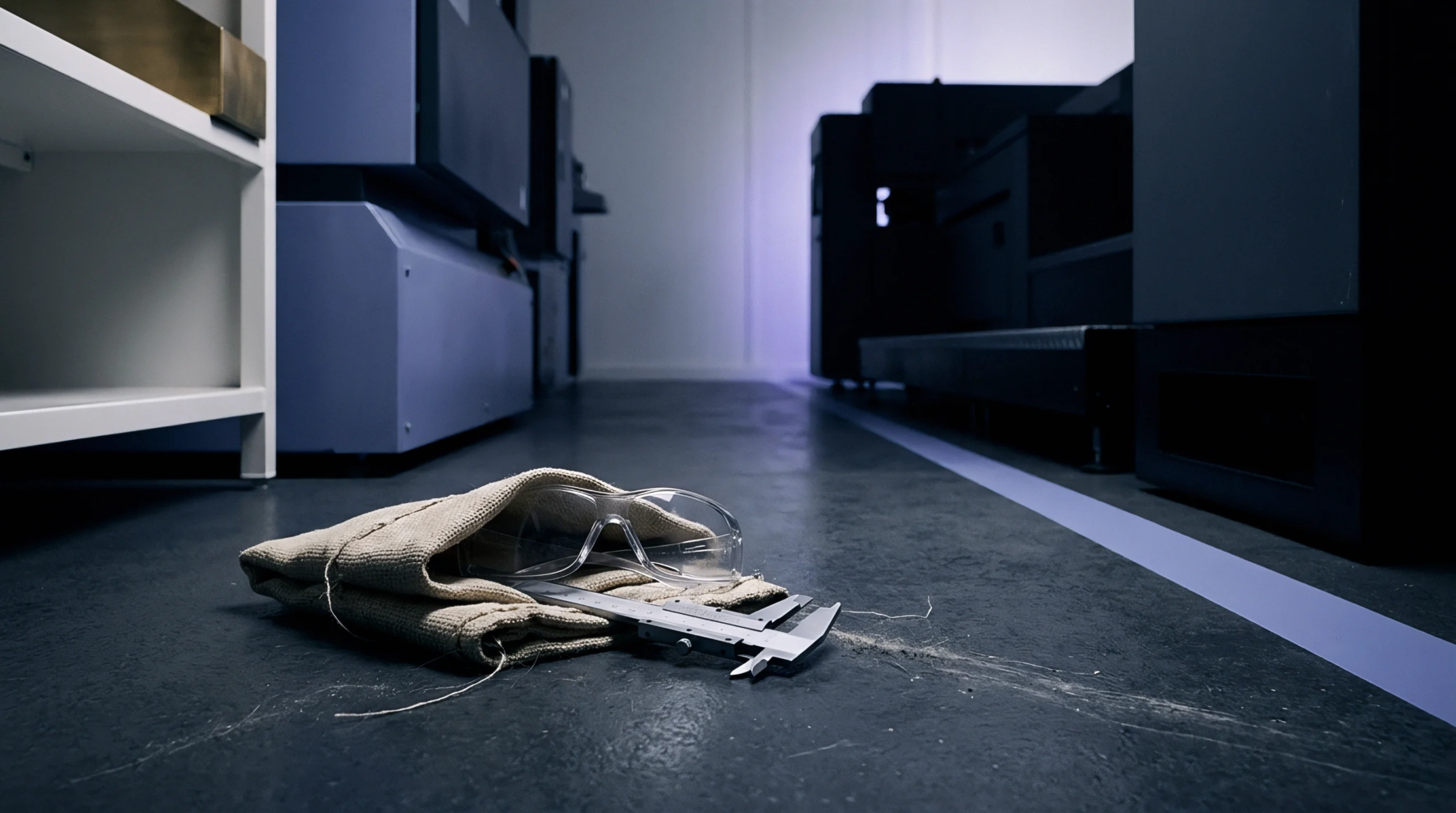 Safety glasses and a vernier caliper rest on a rough fabric pouch, discarded on a dusty concrete floor in a manufacturing facility.