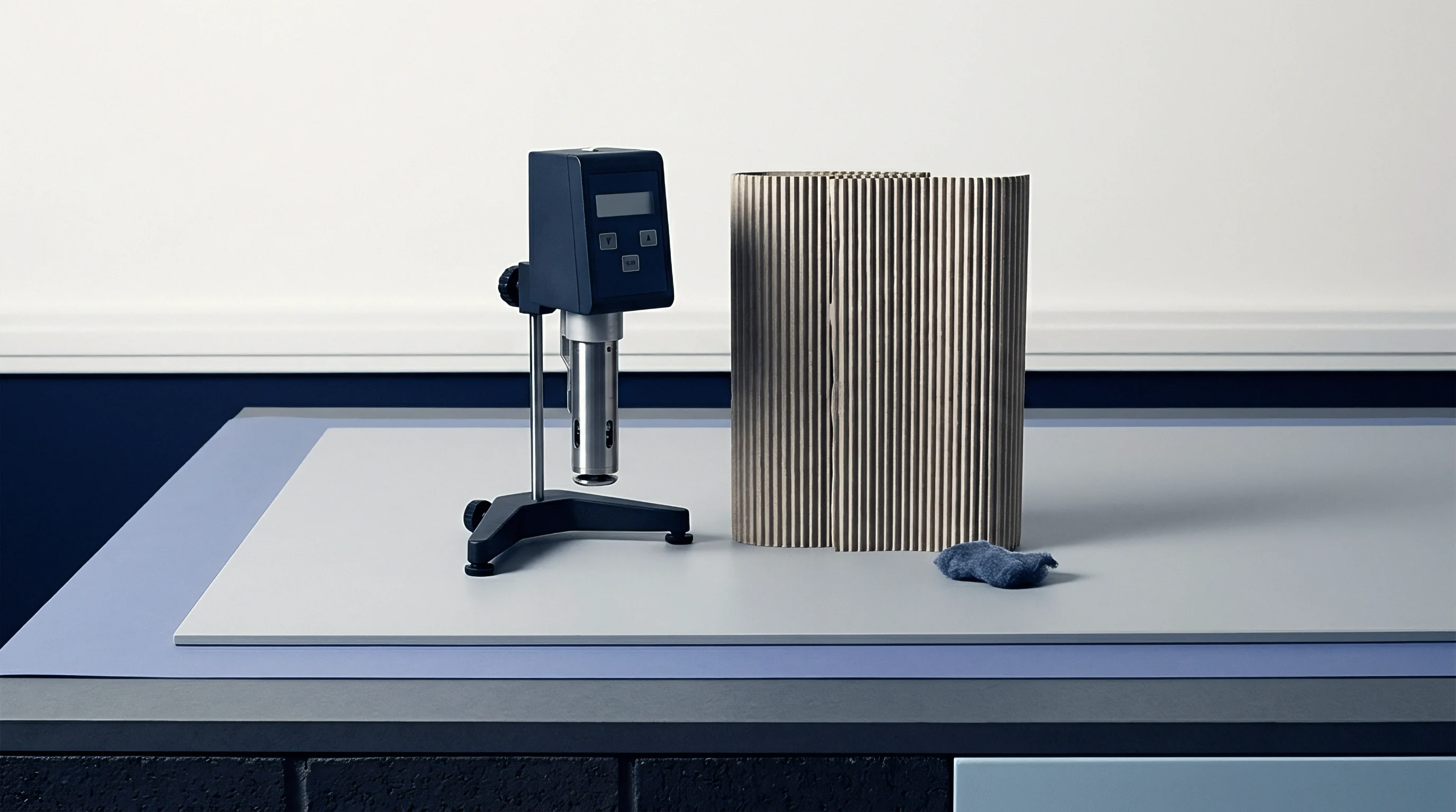 A digital viscometer or rheometer stands on a layered substrate display beside a corrugated partition and a swatch.