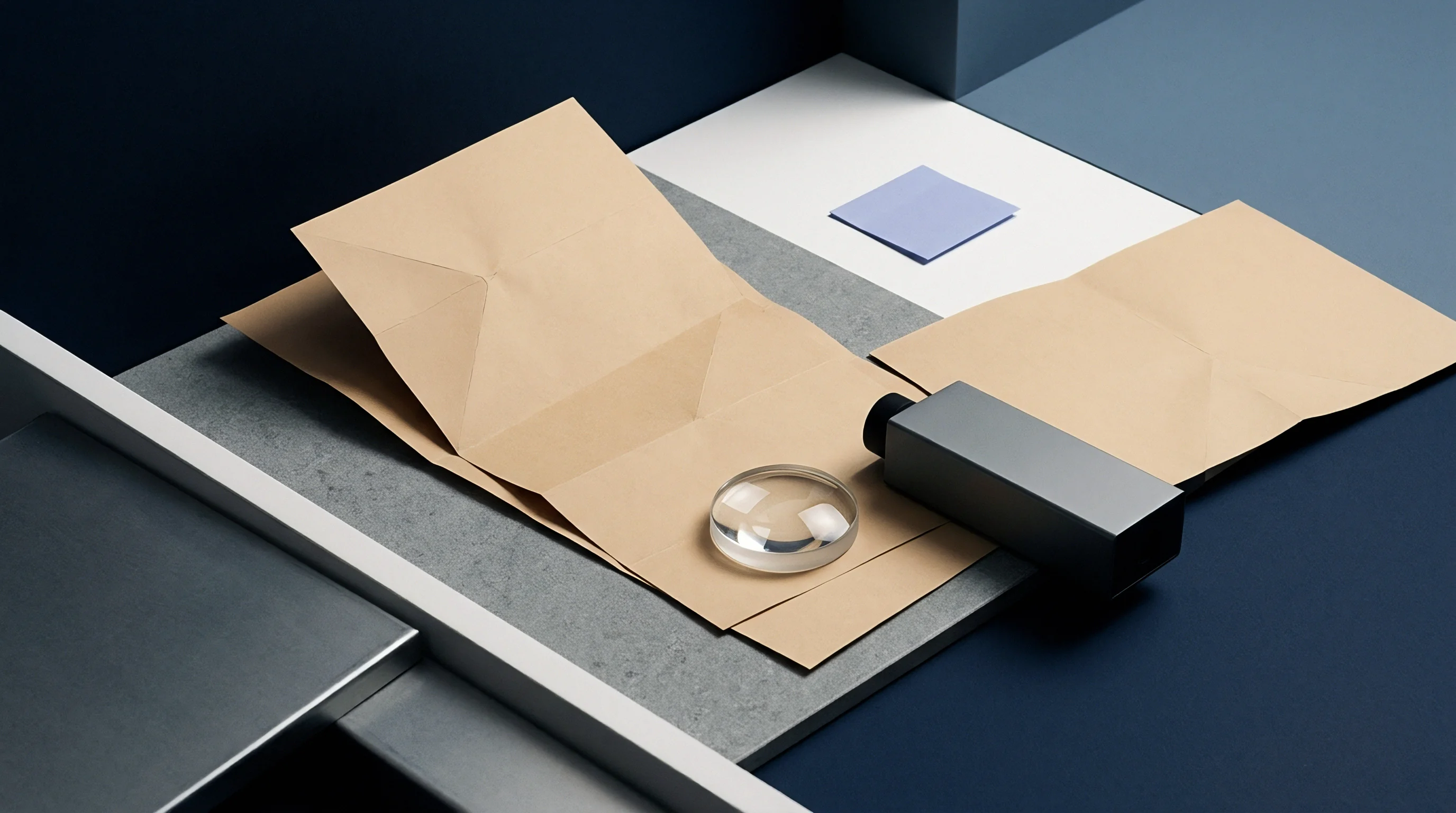 Folded kraft paper rests beside a glass lens and a matte grey container on a structured white and blue workspace surface.