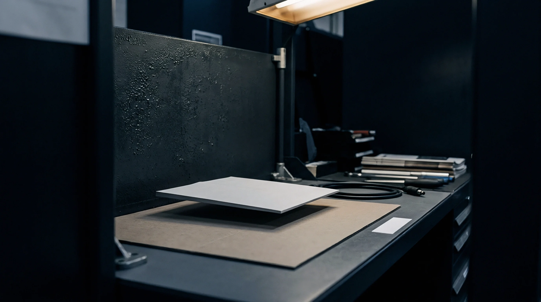 A flat white paper substrate rests on a brown backing board beneath an overhead inspection lamp inside a dark testing room.