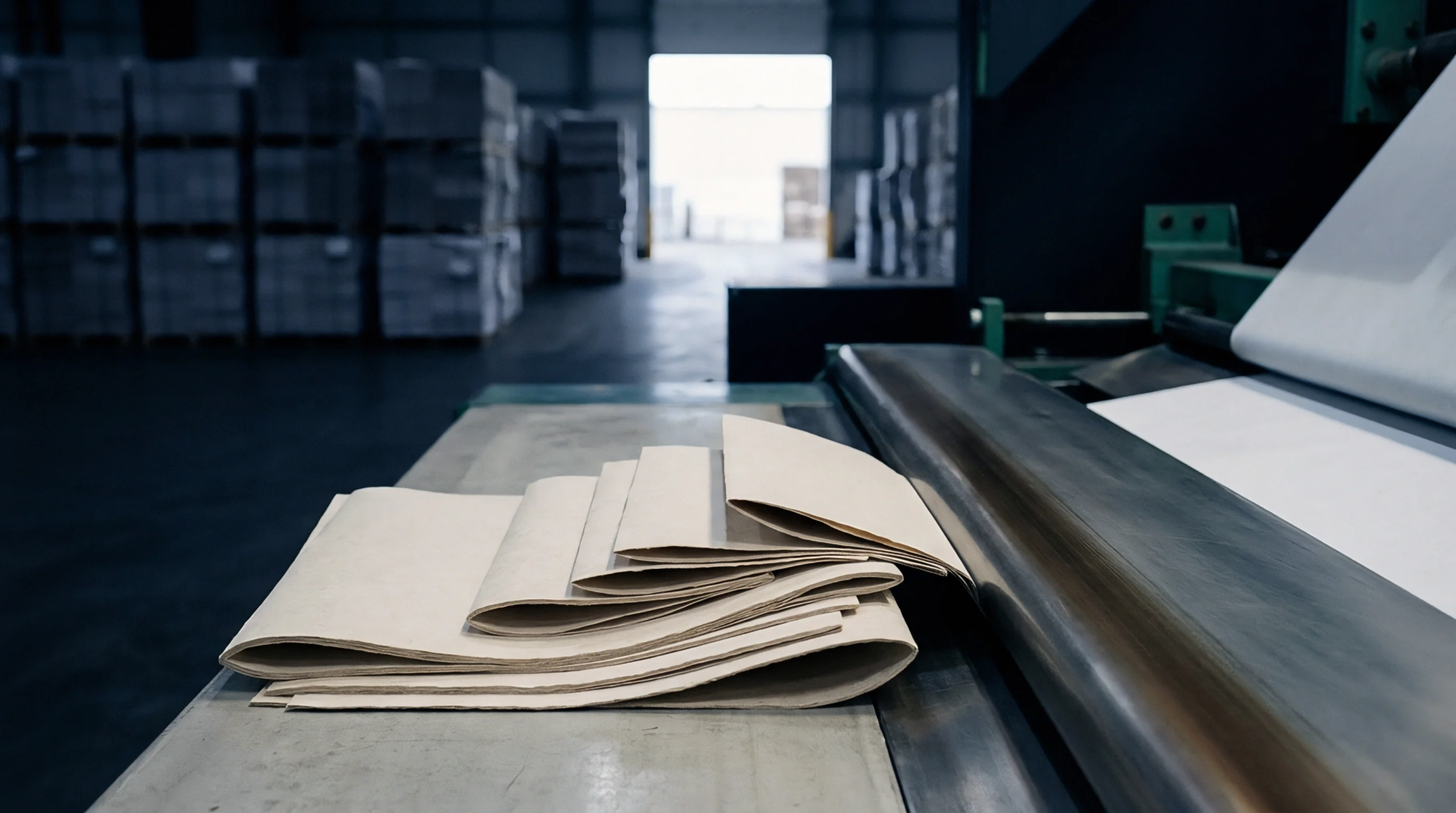 Stacked fibrous substrate sheets rest on a metal converting table within a cavernous paper manufacturing warehouse facility.