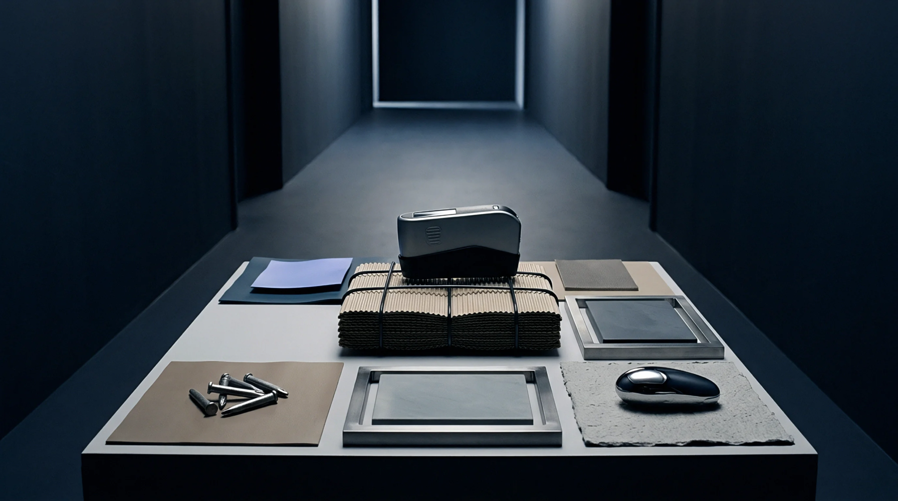 Various substrate samples, fasteners, and a metallic device are presented on a table in a minimalist hallway setting.