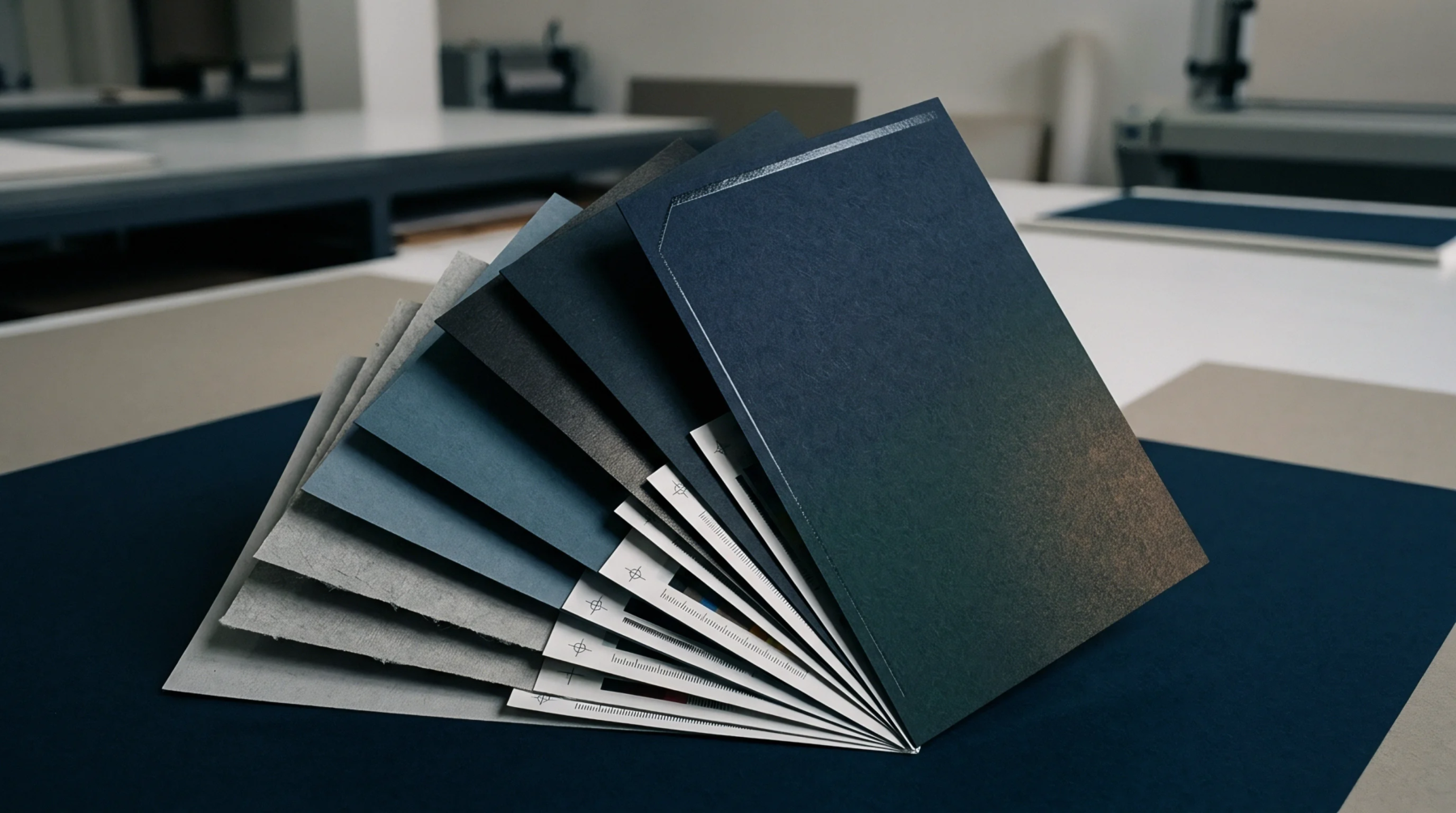 A tiered fan of paper swatches sits atop a dark navy work surface to demonstrate various material weights and textures.