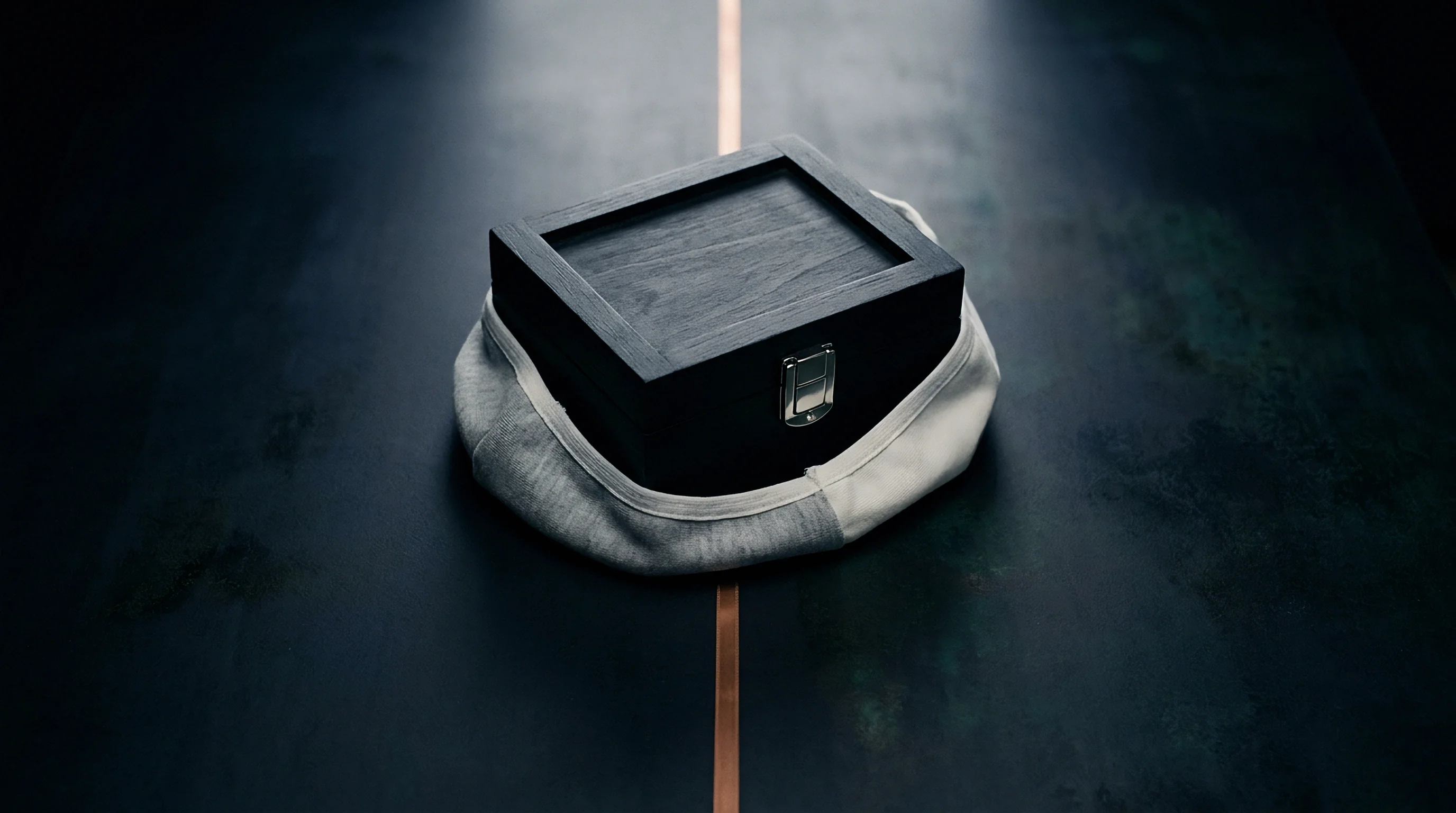 A blackened wooden rigid box with metallic closure rests securely inside a felt textile base set upon a dark panel with inlaid copper detailing.