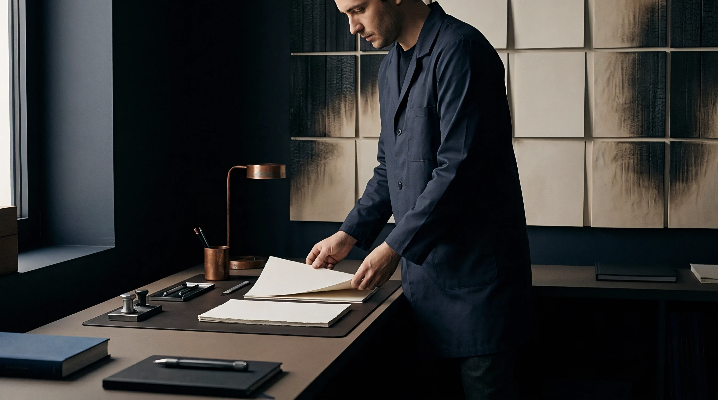 A professional in a navy work coat handles thick cream paper sheets on a desk within a dark architectural design studio.