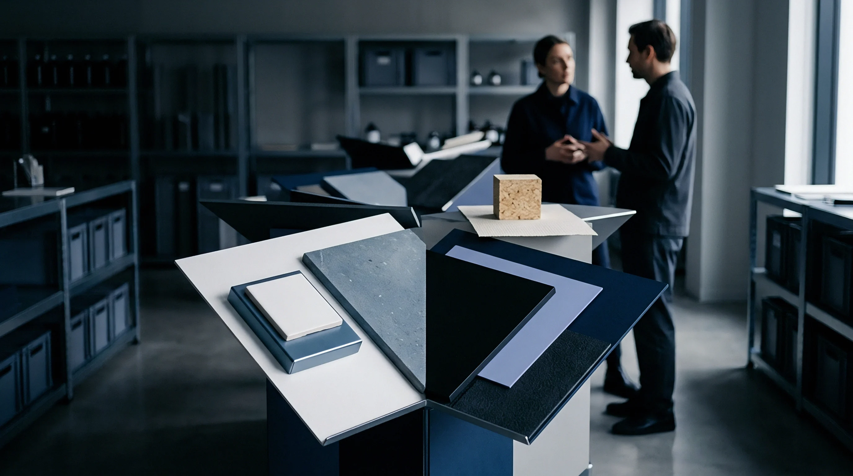 Diverse flat material samples are arranged on a central display table within a professional laboratory setting.