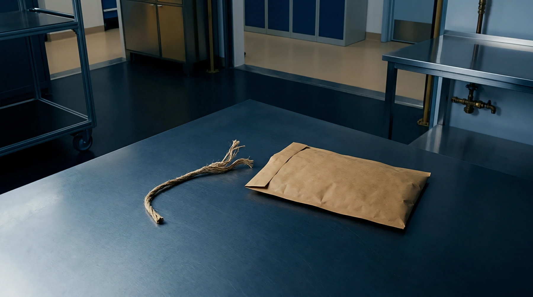 A brown kraft paper padded envelope and a short length of frayed natural fiber rope lie on a metal work surface.