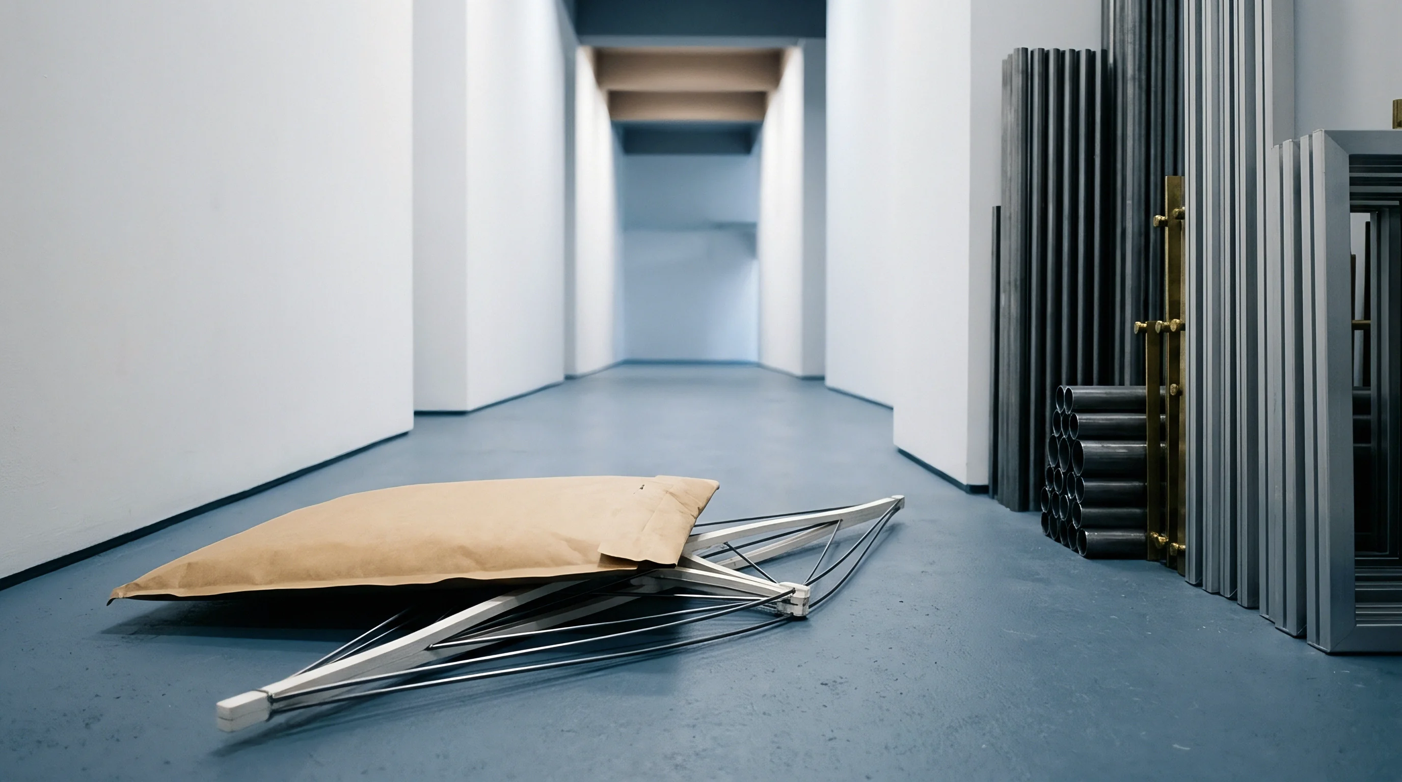 A padded paper mailer rests beside a collapsed metal framework on the blue industrial flooring of a manufacturing facility hallway.