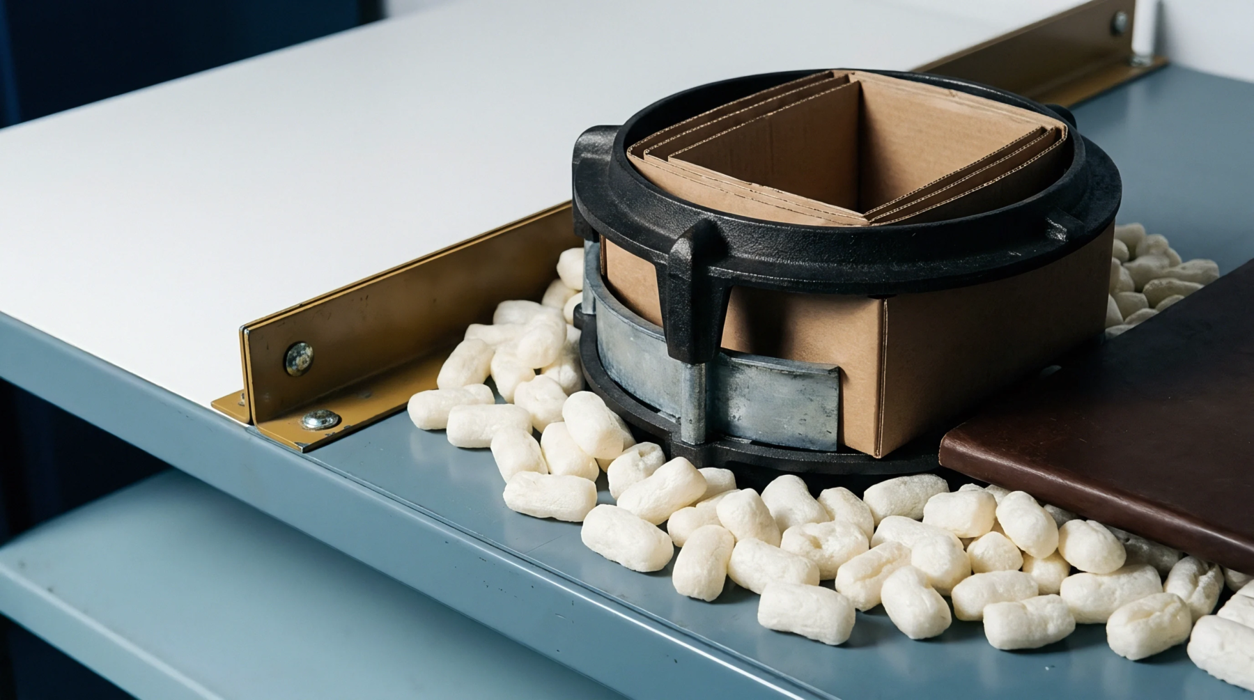 Nested corrugated cardboard boxes sit within a metal circular containment collar surrounded by loose fill packing peanuts on a gray workstation.