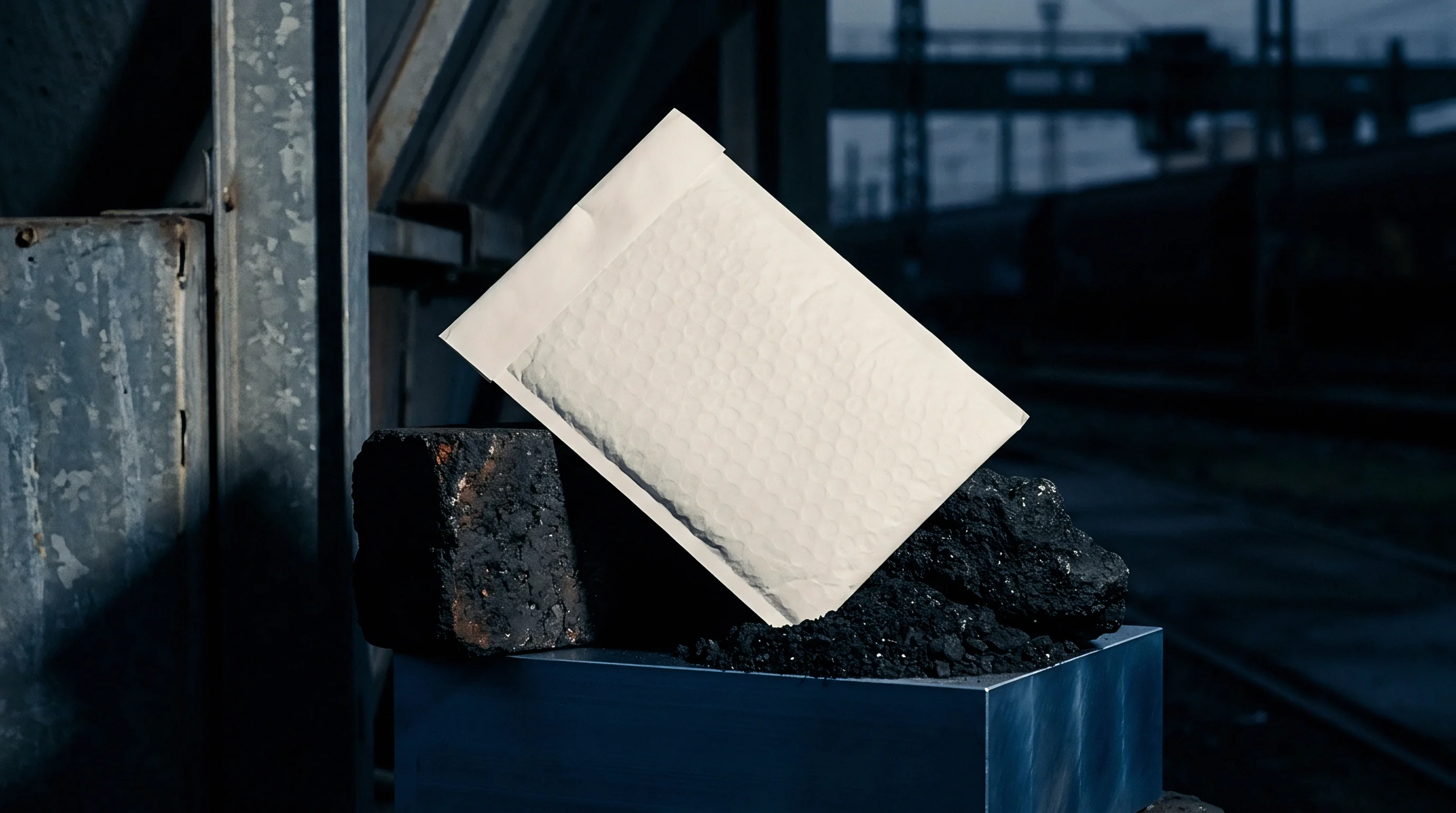 A white protective padded shipping envelope rests against a dark industrial block of coal atop a metallic structure under gloomy skies.
