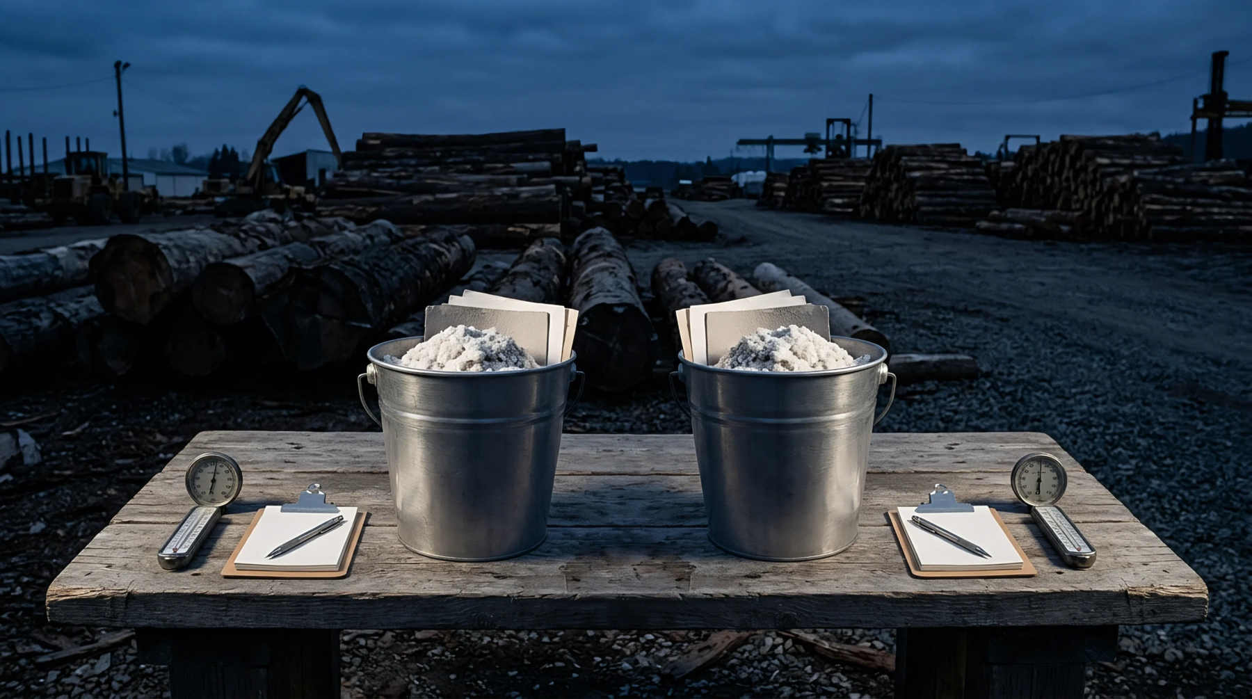 Two galvanized metal buckets holding processed wood fiber samples rest on a wooden table, flanked by clipboards and gauges, within a timber processing yard.