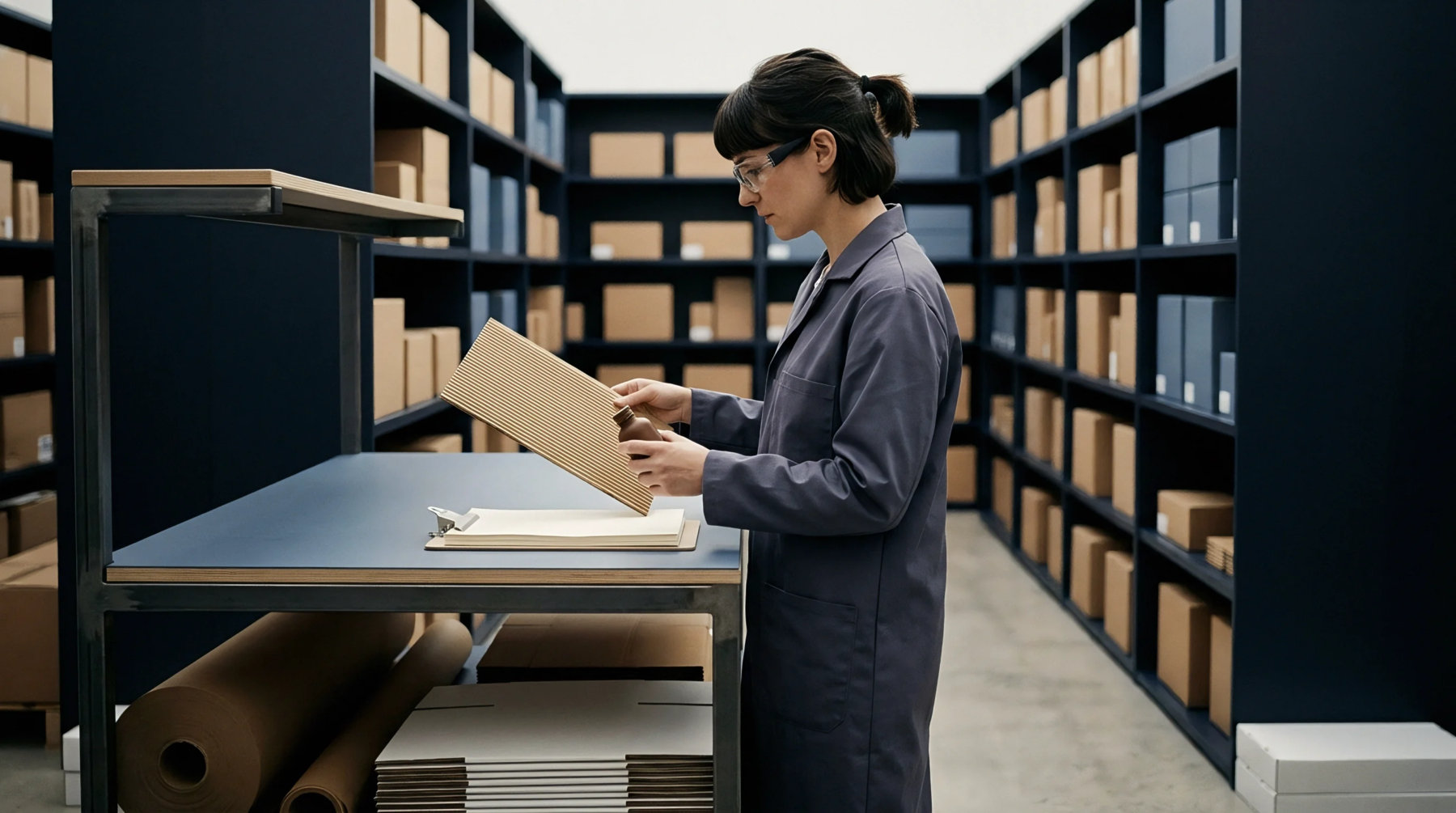 A specialist in a lab coat and safety glasses evaluates a fluted corrugated cardboard sheet alongside a liquid adhesive sample.