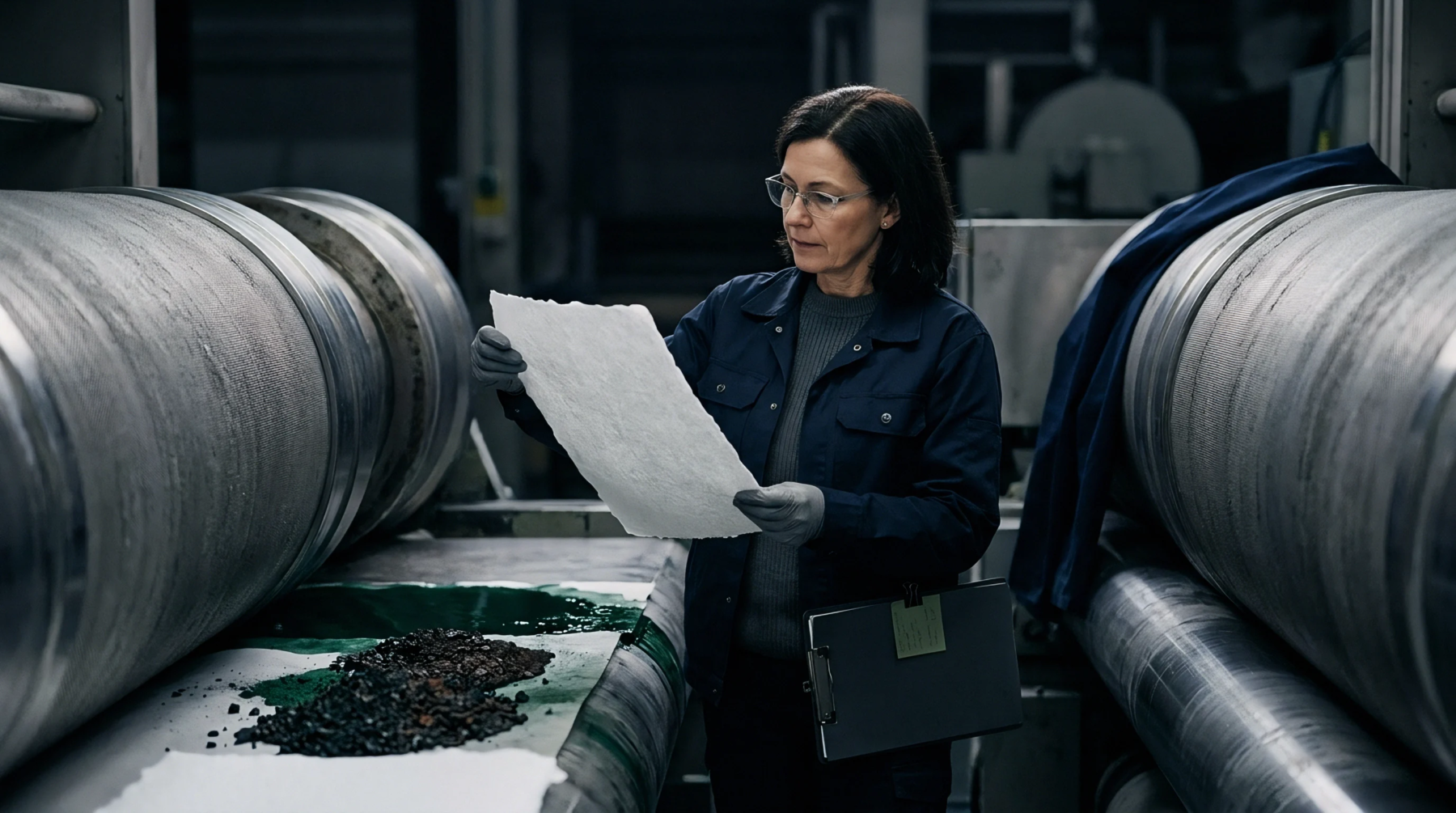 A technician wearing protective gear inspects a textured fiber substrate sheet near industrial machinery and raw material conveyor belts in a production facility.