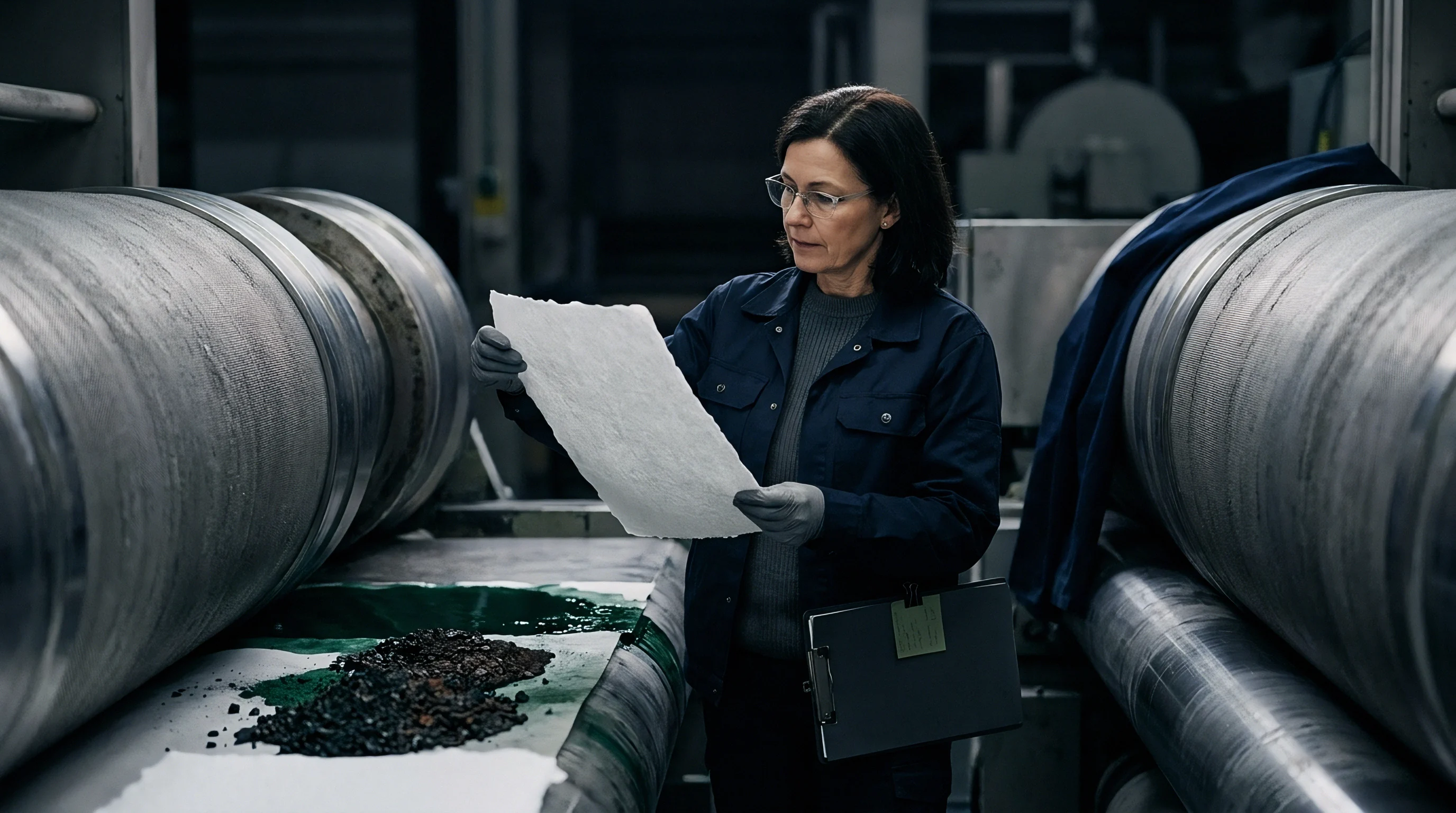 A technician wearing protective gear inspects a textured fiber substrate sheet near industrial machinery and raw material conveyor belts in a production facility.