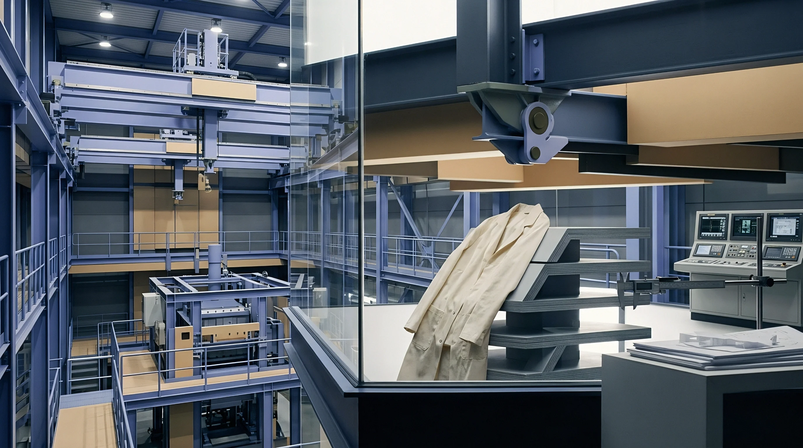 Automated laboratory production floors feature a white lab coat resting on a stepped inspection pedestal beside a complex control station.