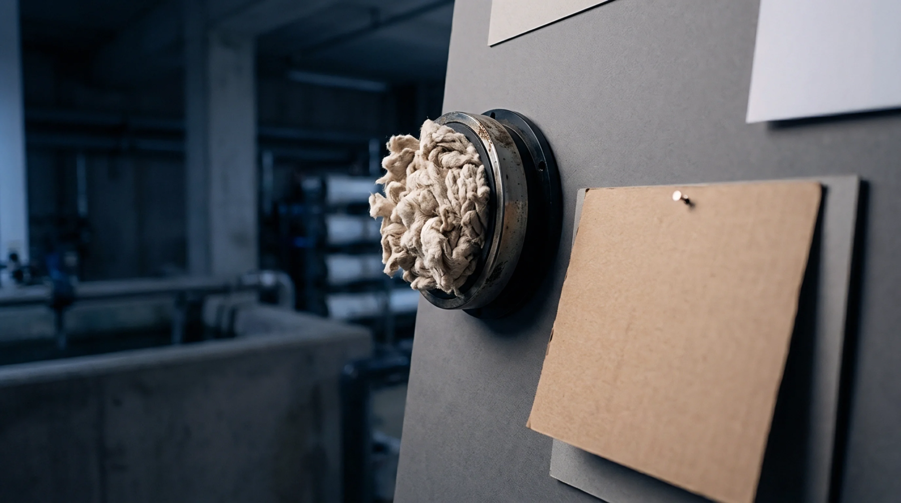 Raw cellulose fibers and a pinned kraft paper swatch are mounted on a grey display board inside a paper mill.