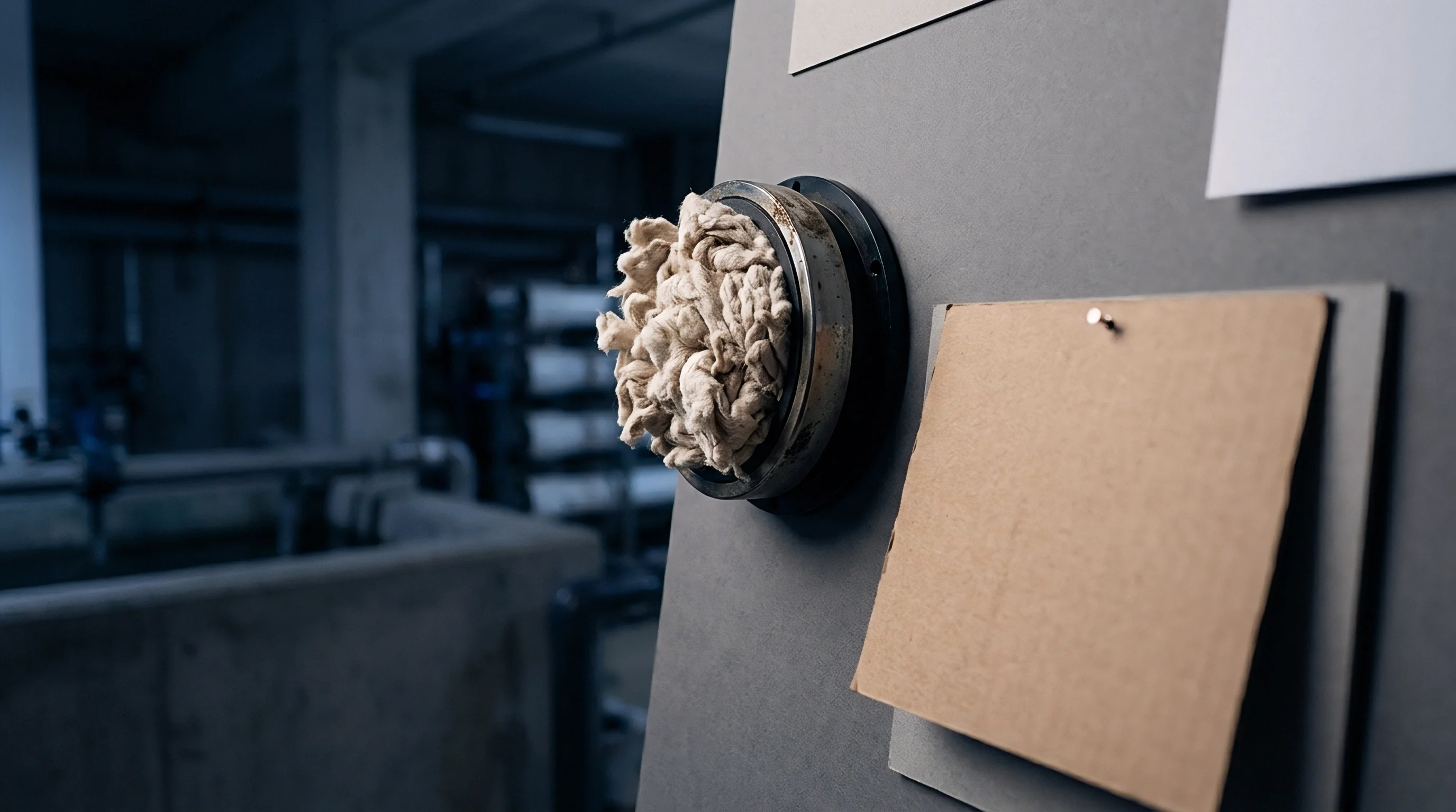 Raw cellulose fibers and a pinned kraft paper swatch are mounted on a grey display board inside a paper mill.