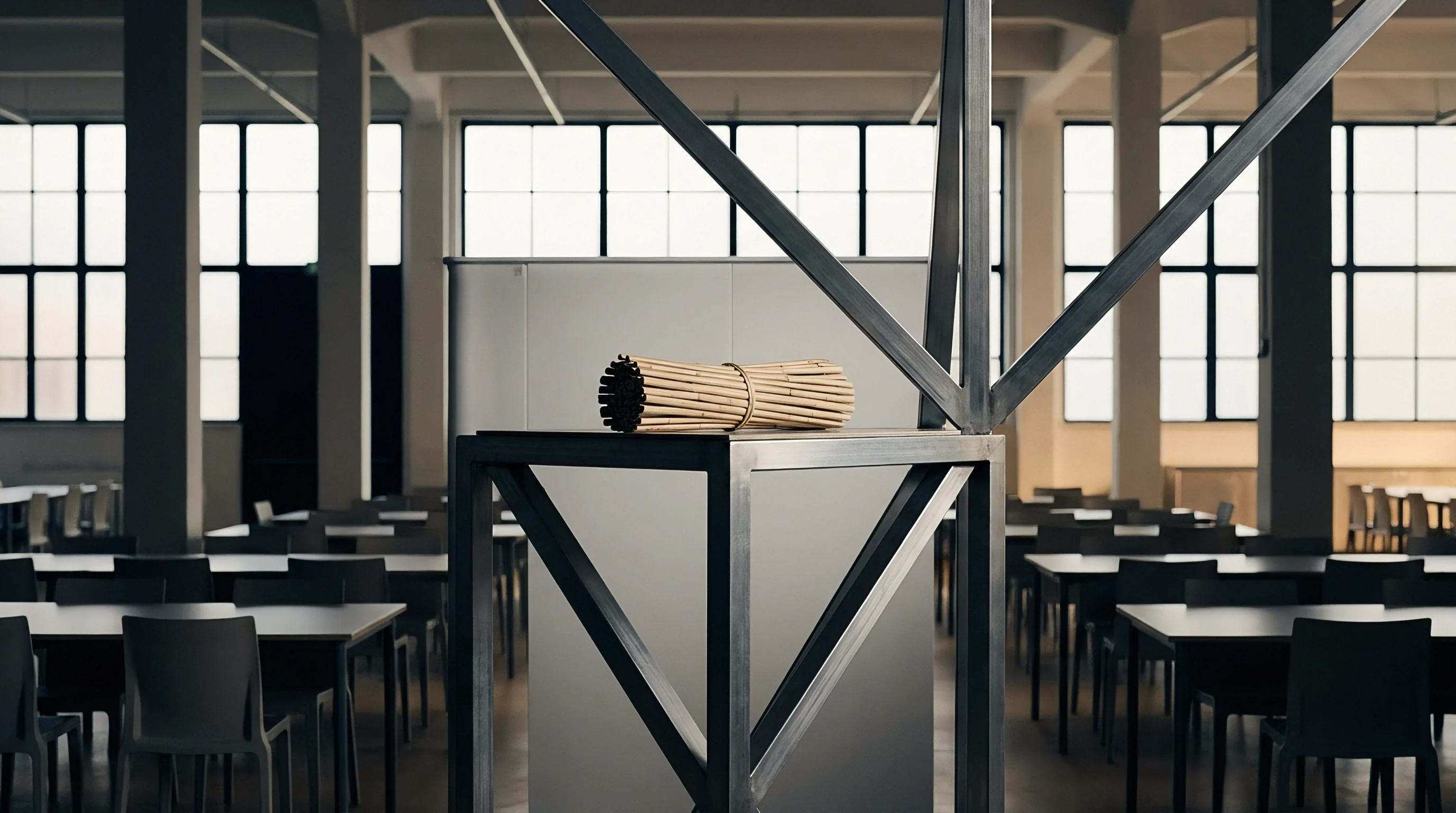 A bundle of fibrous plant material rests upon a geometric metal frame situated within an industrial facility filled with rows of empty seating.