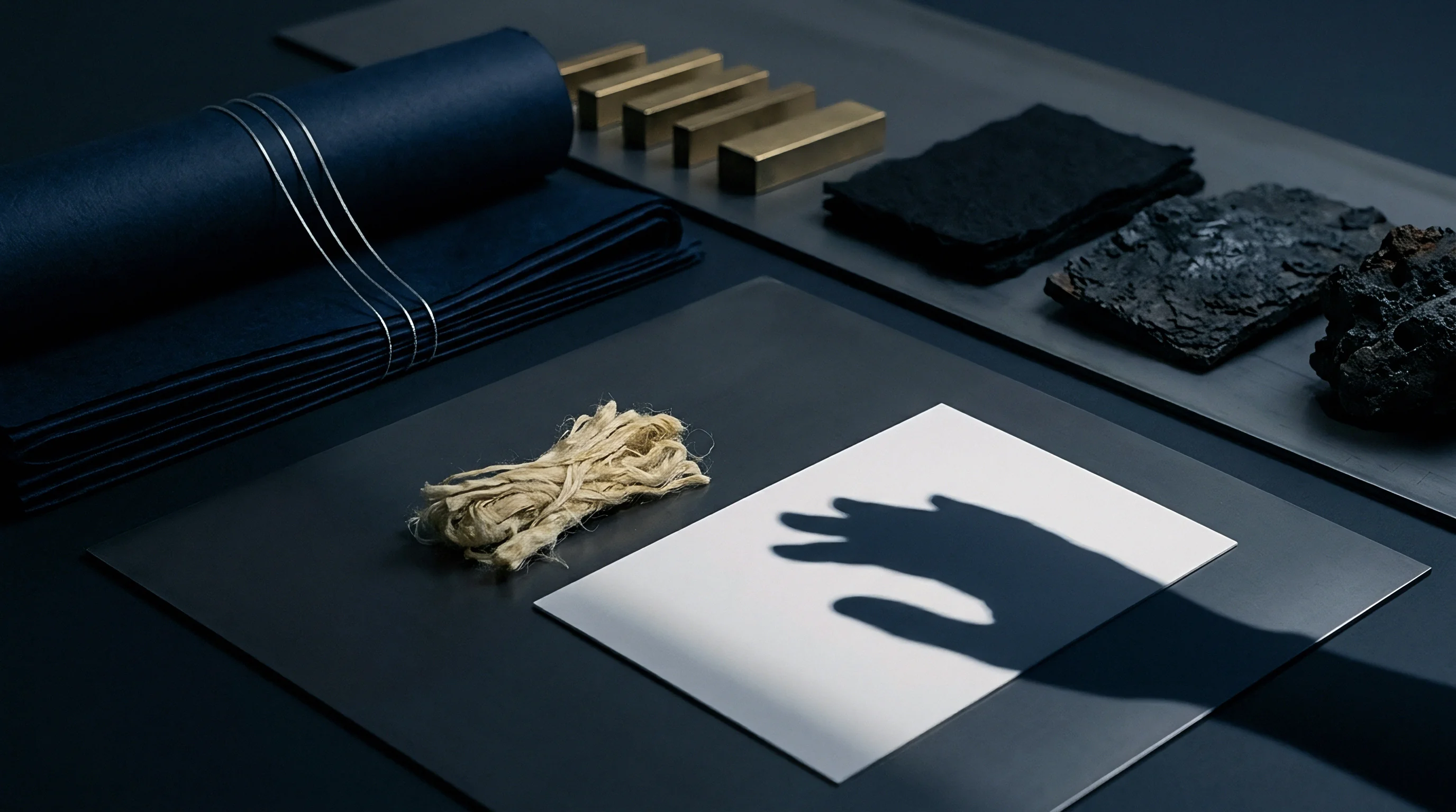 Dark blue paper rolls, brass guide bars, black textured material swatches, and raw organic fiber bundles sit arranged on a flat dark surface.