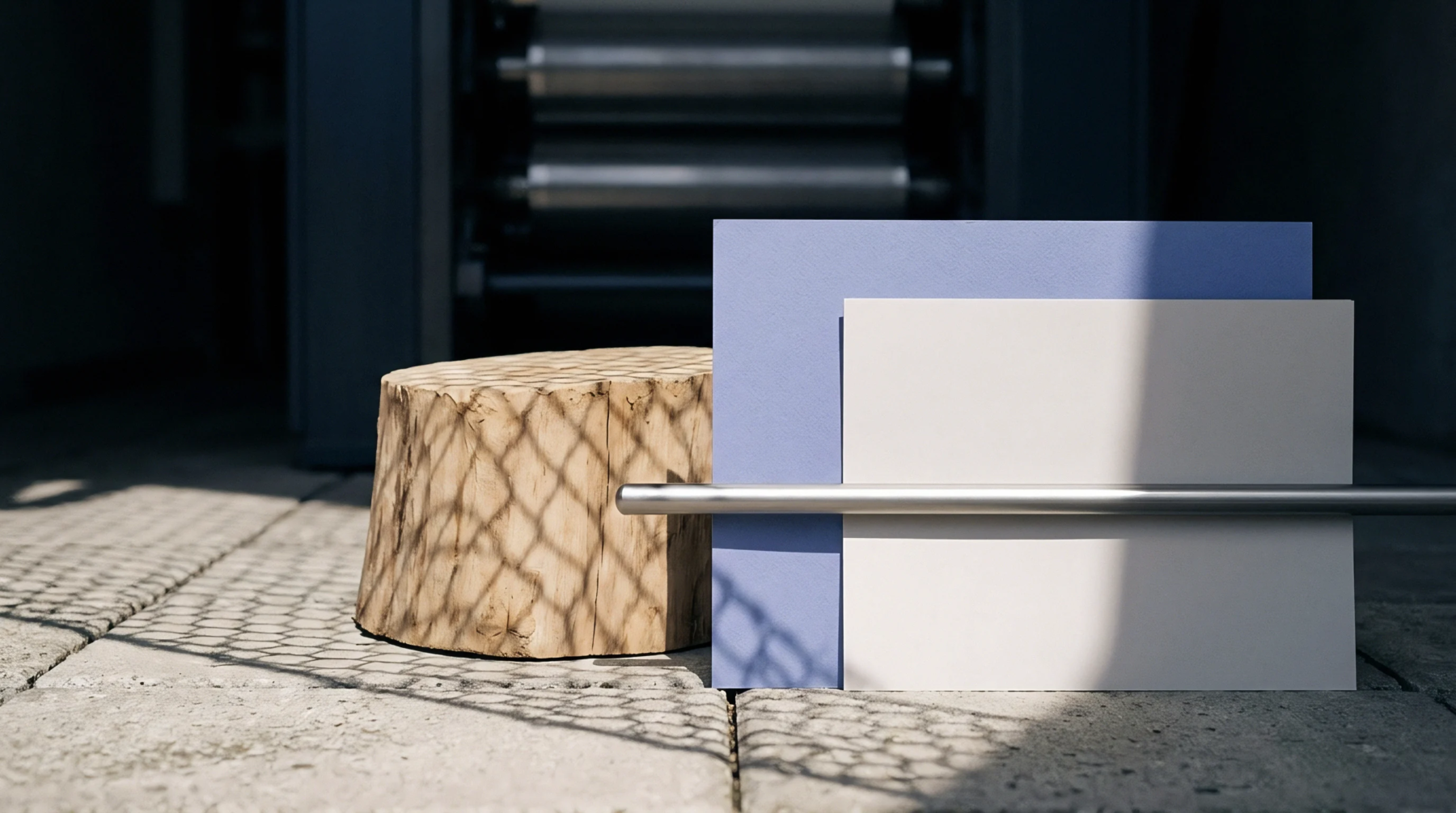 Rendered raw timber stands beside blue and cream heavy weight paper stock boards positioned before industrial mechanical processing rollers.
