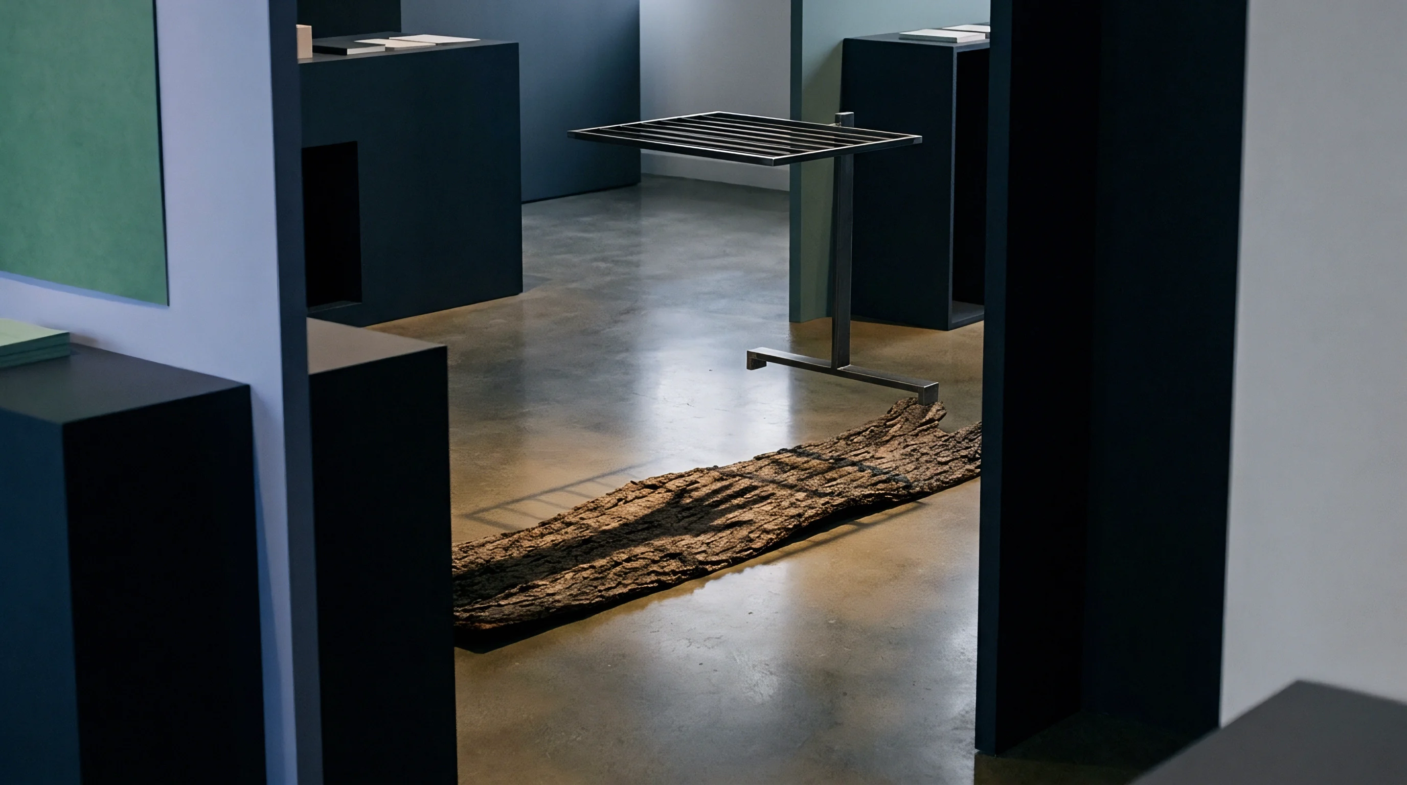 A long piece of natural tree bark lies on a concrete floor beneath a metal rack in a modern exhibition space.