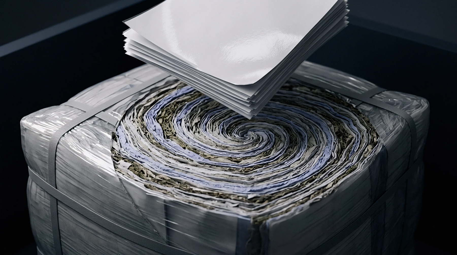 Suspended white paper sheets float above a strapped bale of compressed recycled fiber layers in a digital illustration of material circularity.