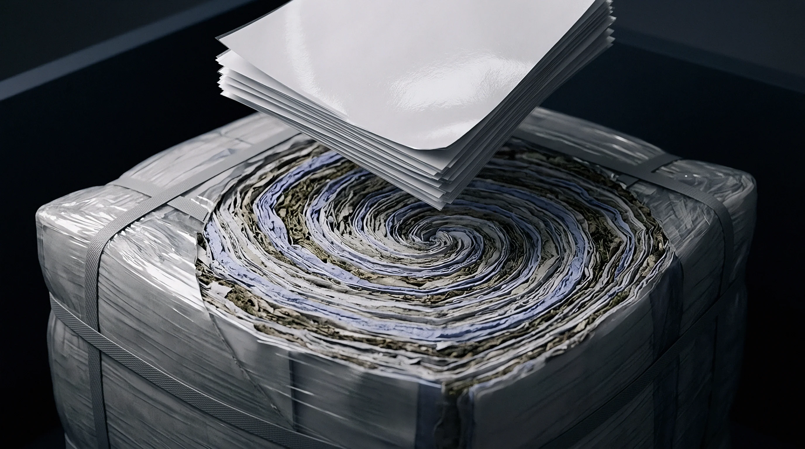 Suspended white paper sheets float above a strapped bale of compressed recycled fiber layers in a digital illustration of material circularity.