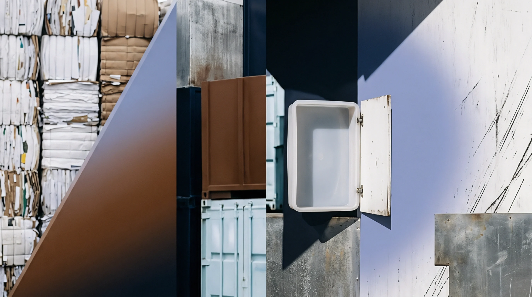 A digital graphic composite displays compacted bales of recycled paper alongside shipping containers and an open white industrial box.
