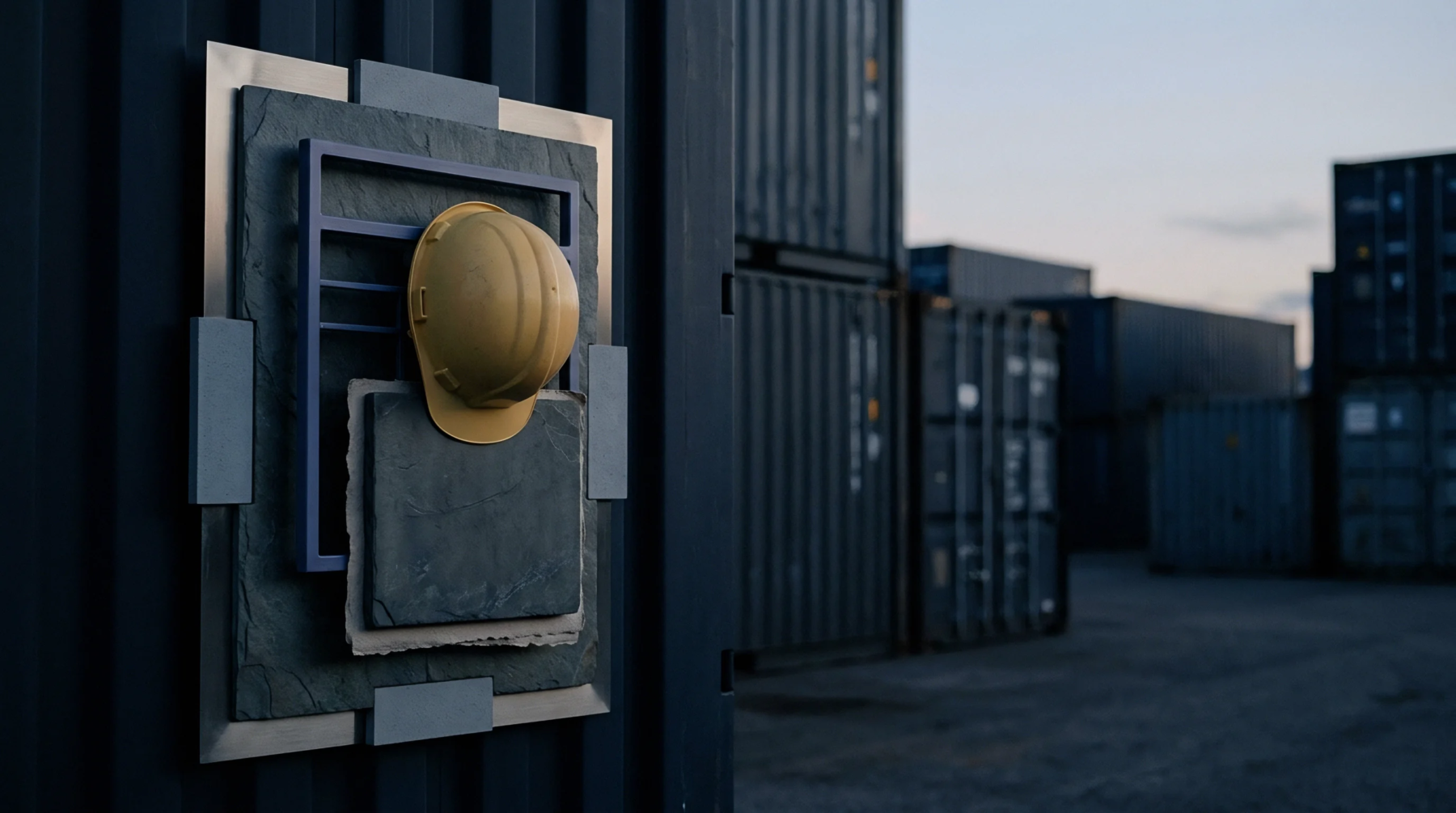 A yellow hard hat rests upon stacked gray stone and geometric metal frames mounted to the corrugated metal surface of a shipping container.