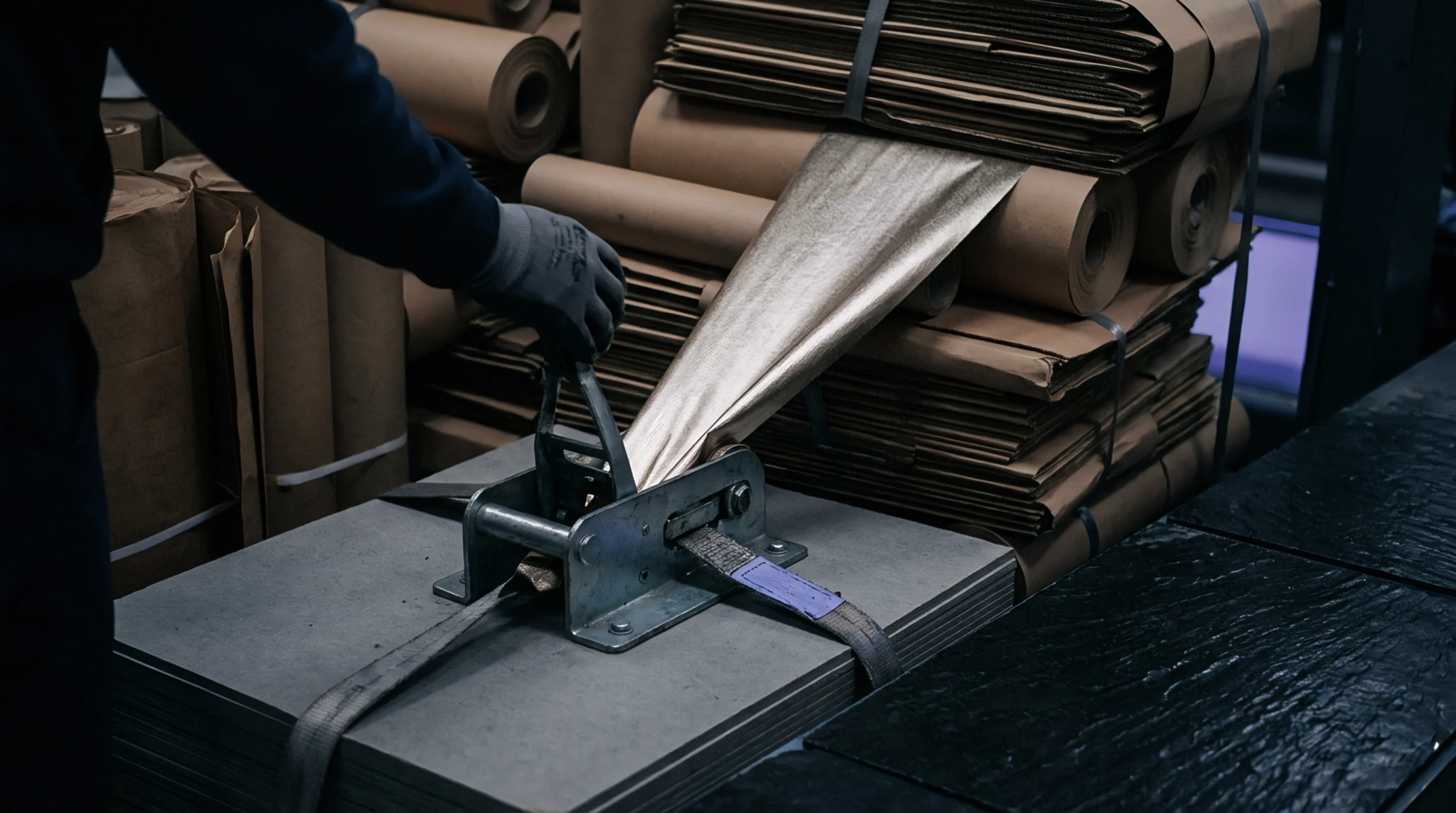 A gloved hand uses a ratchet to fasten a light bronze metallic film onto a stack of dark grey substrate sheets.